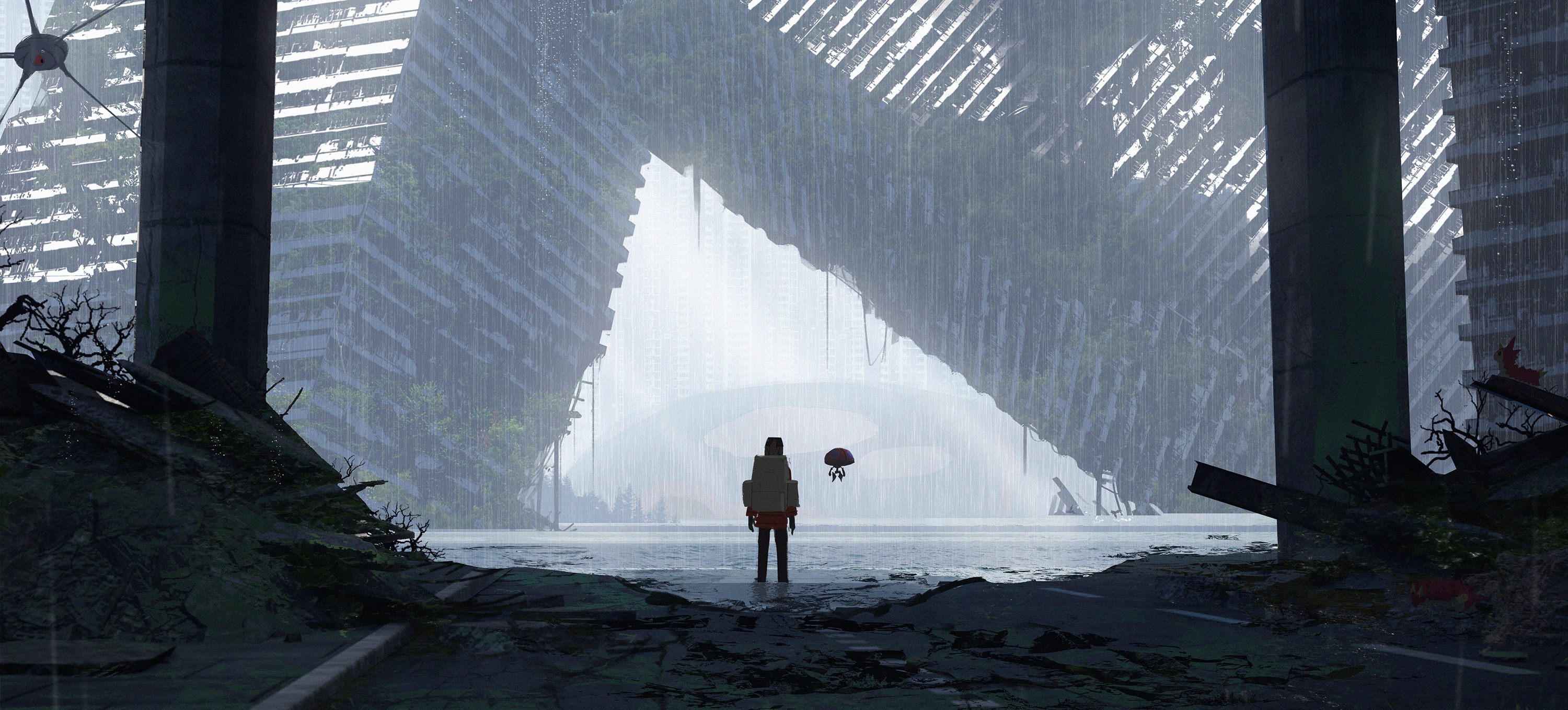 Pokémon in ruins during a rainstorm HD Wallpaper