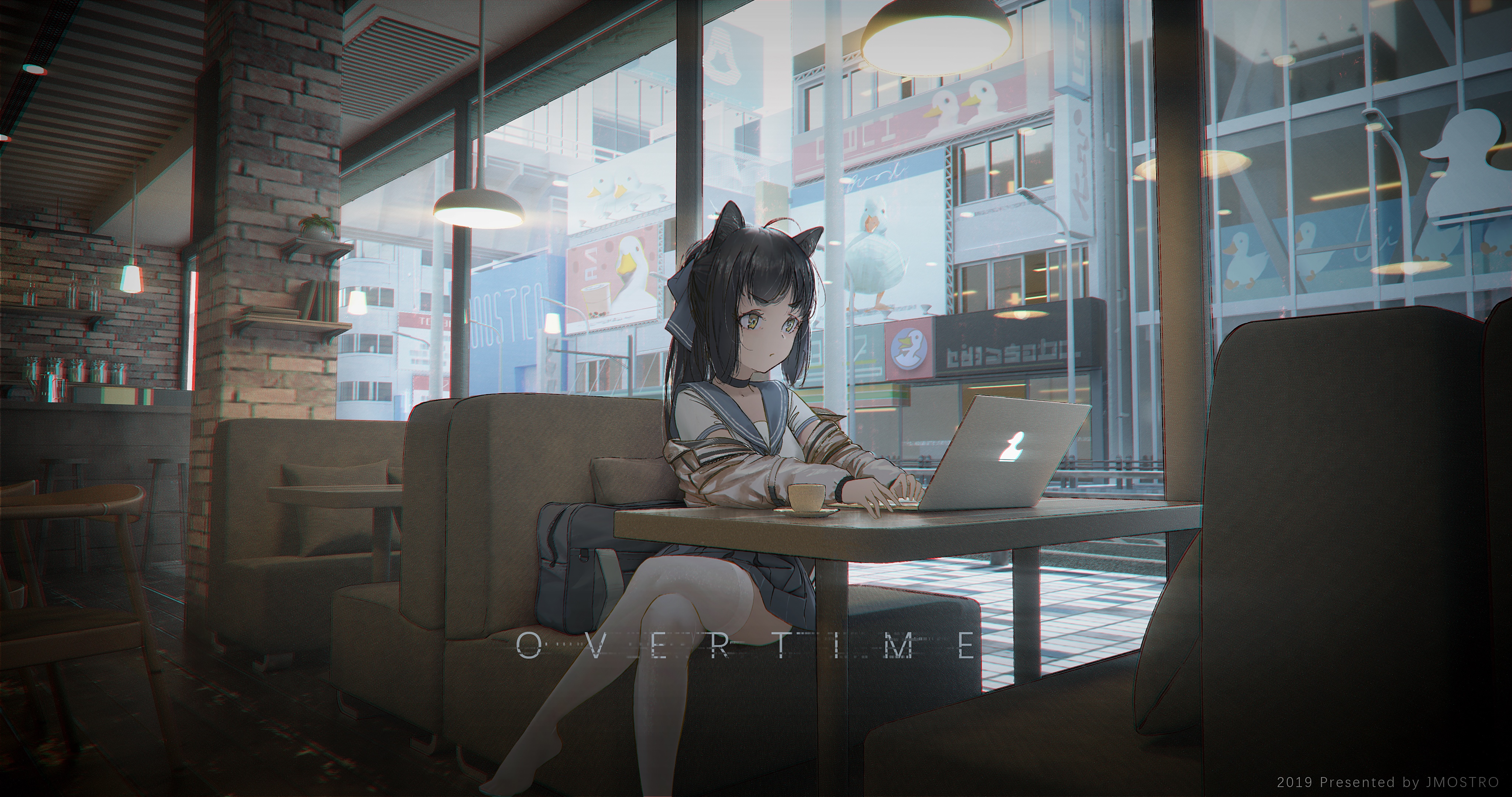 4K Overtime Cat Girl with Laptop HD Wallpaper