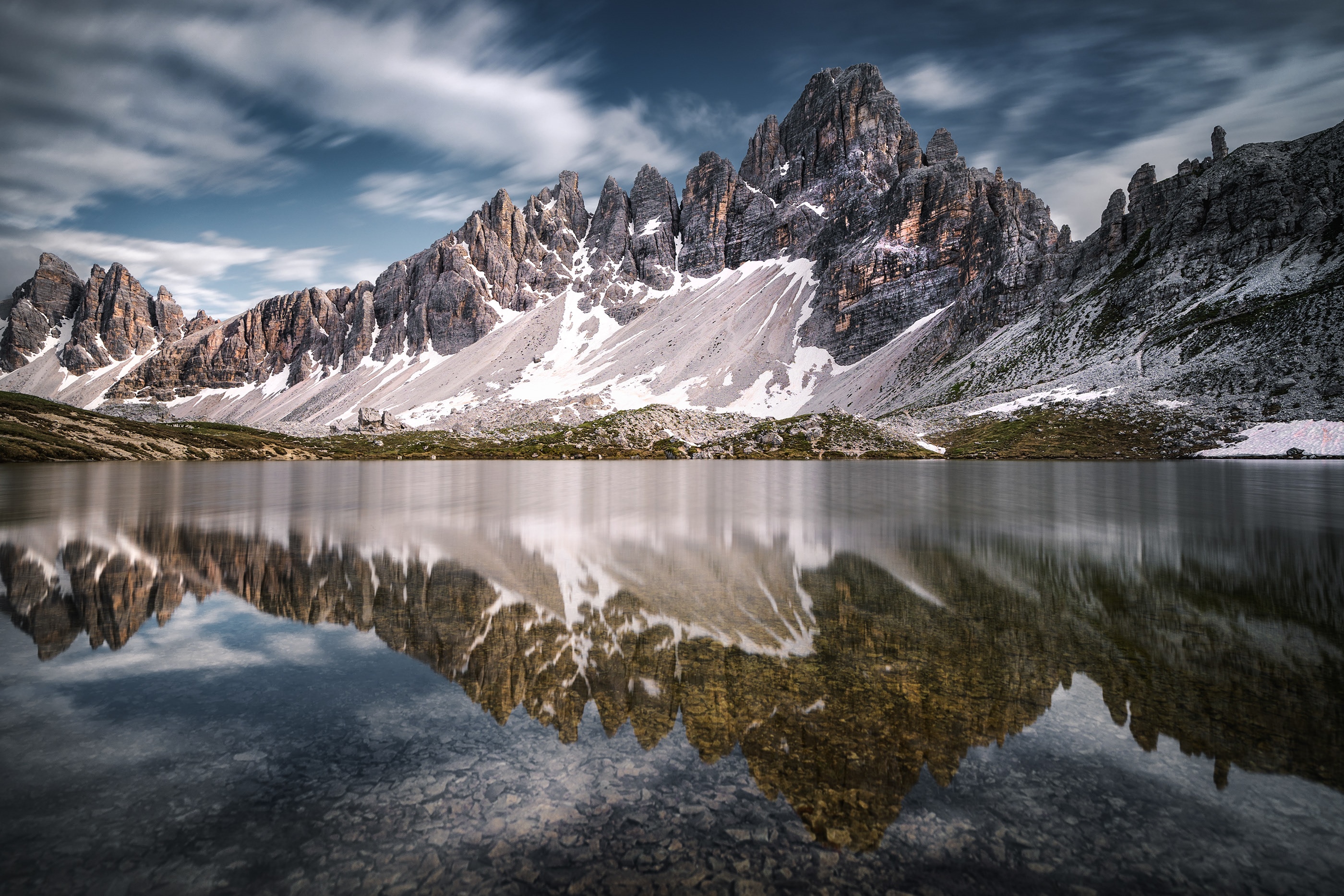 Tre Cime di Lavaredo reflected in a mountain lake, Dolomites, Italy HD Wallpaper