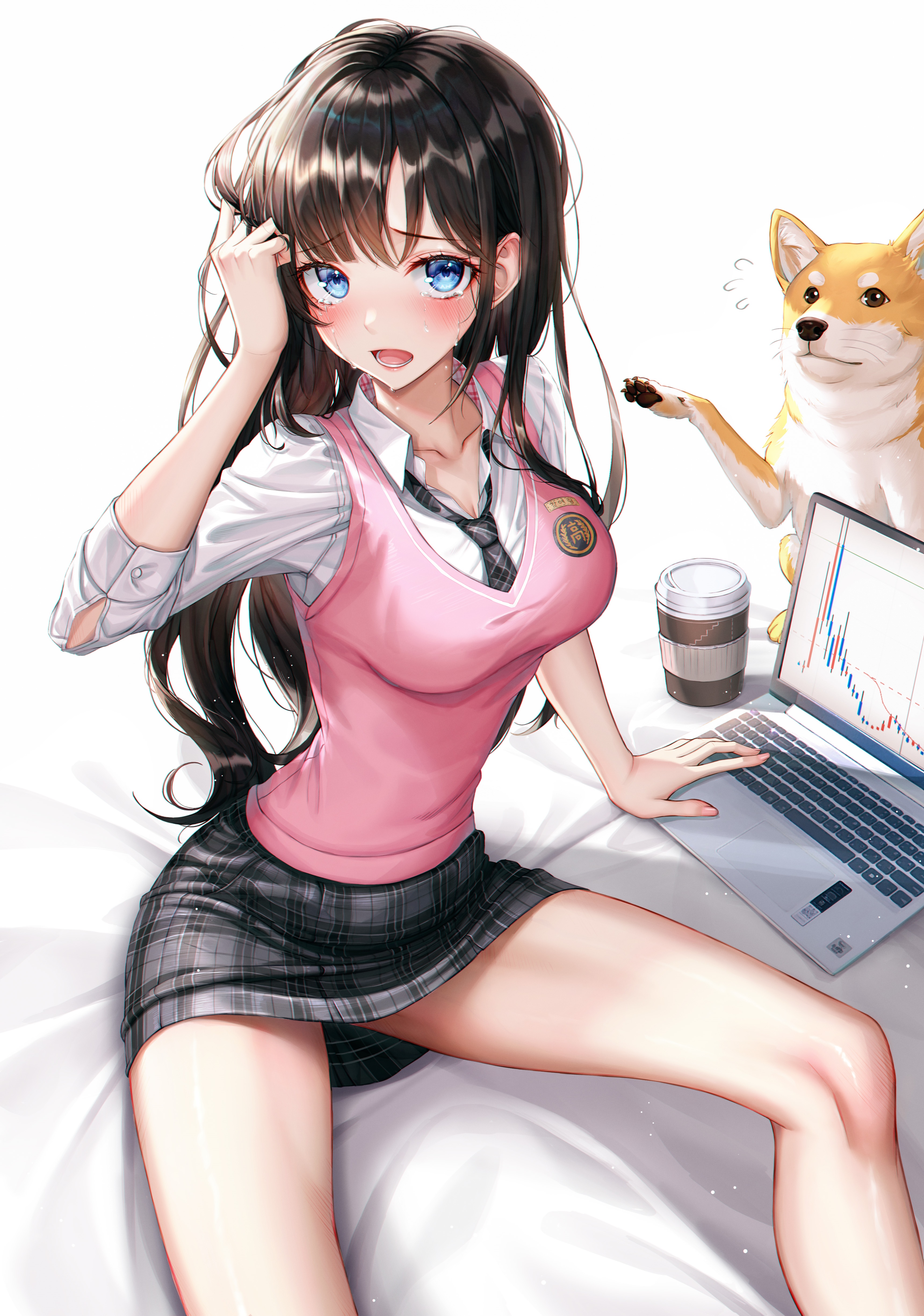 Anime girl with dog and laptop HD Phone Wallpaper
