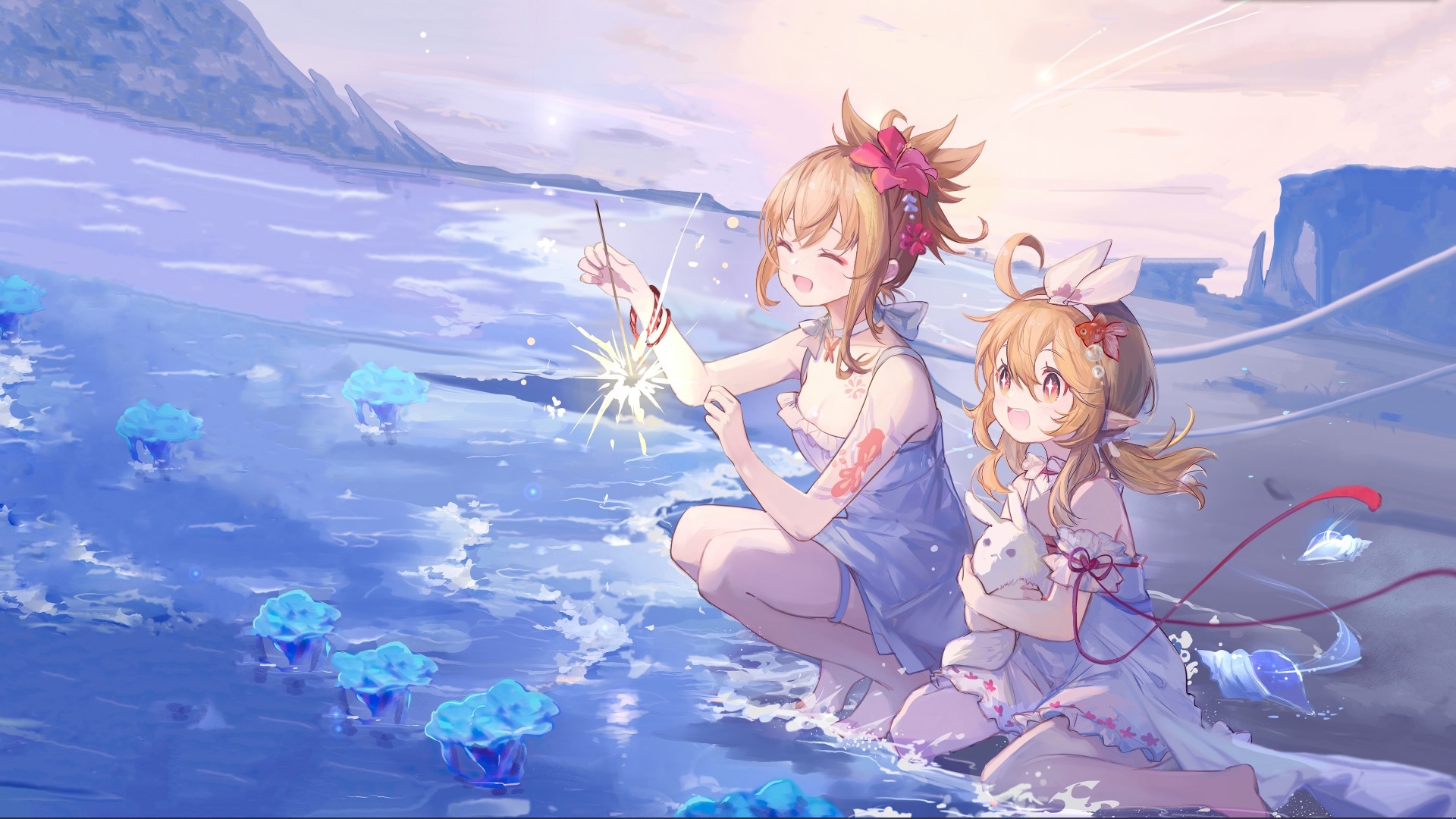 Yoimiya and Klee on a beach with sparklers HD Wallpaper