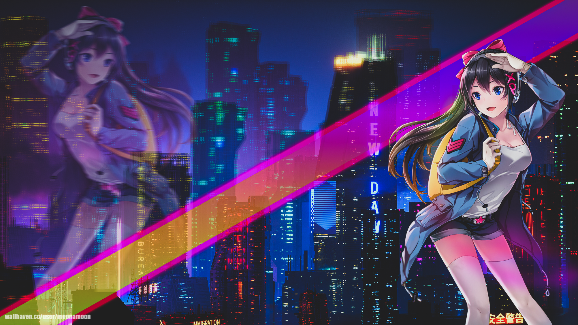 Anime girl in cyberpunk city with neon lights HD Wallpaper