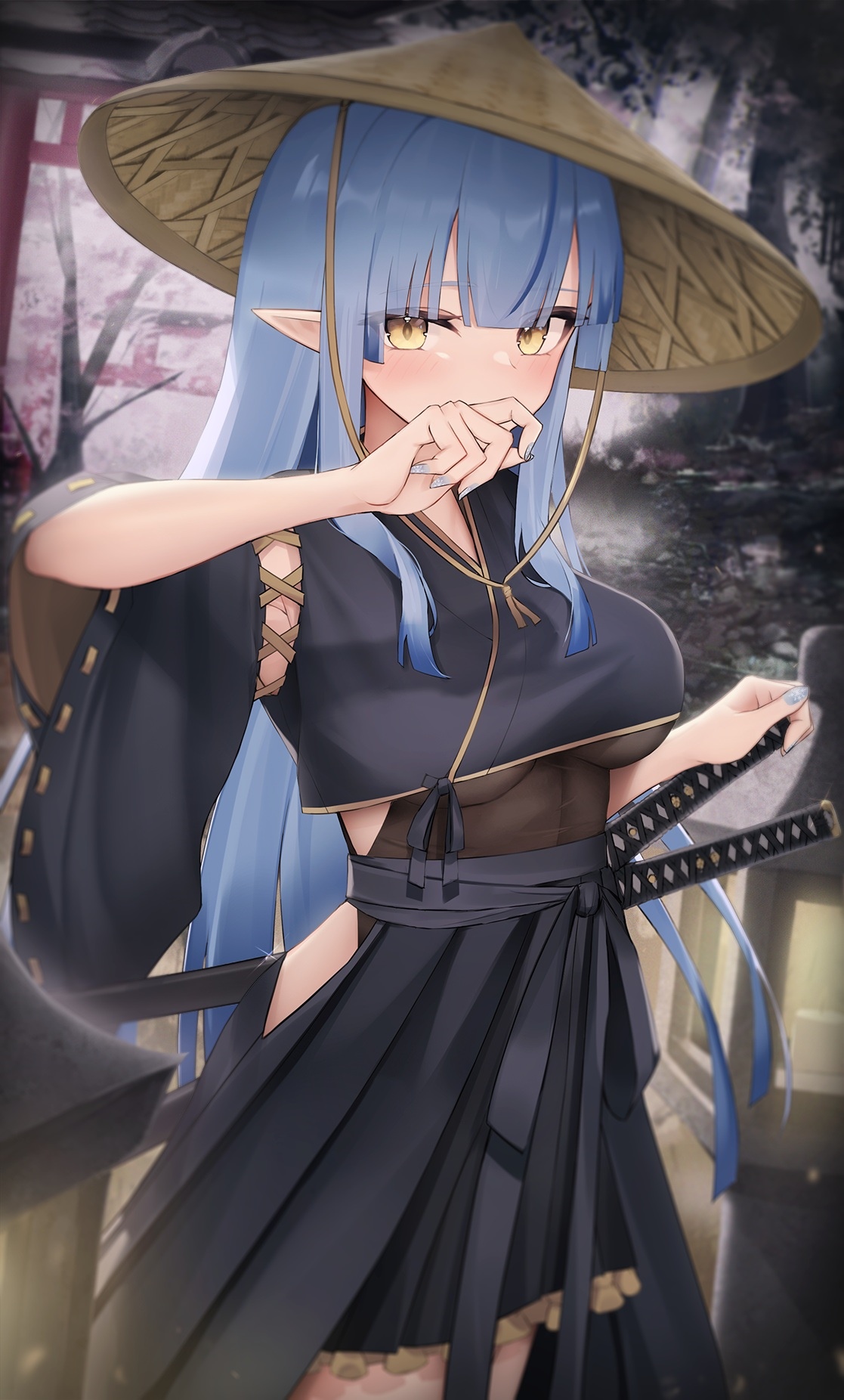 Anime girl with blue hair and sword HD Phone Wallpaper