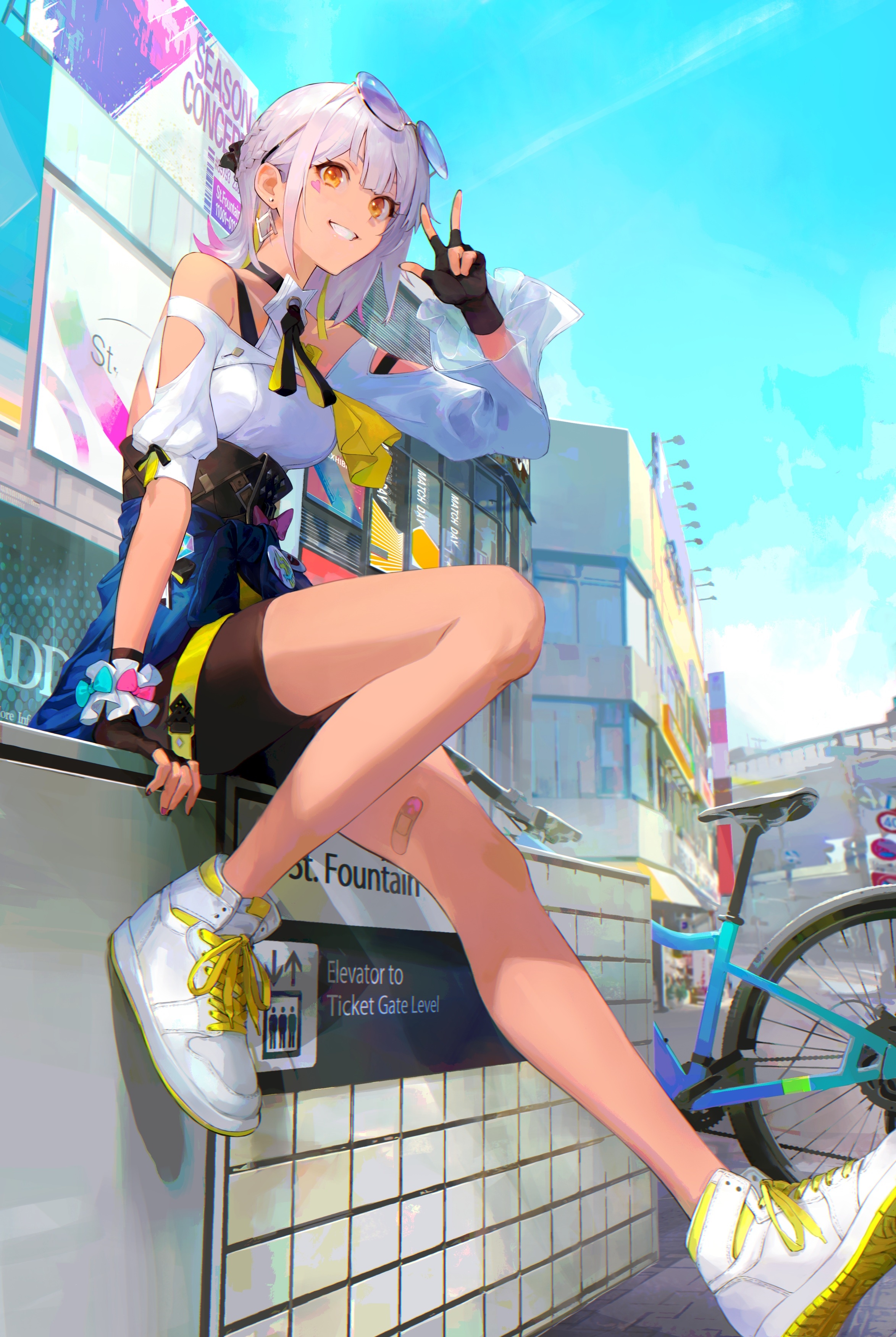Anime girl with sunglasses and sneakers sitting by a bicycle HD Phone Wallpaper