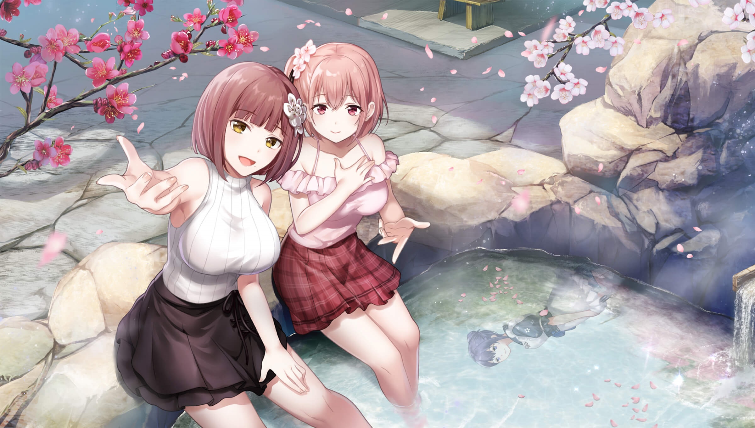 Two girls relaxing in a hot spring with cherry blossoms HD Wallpaper