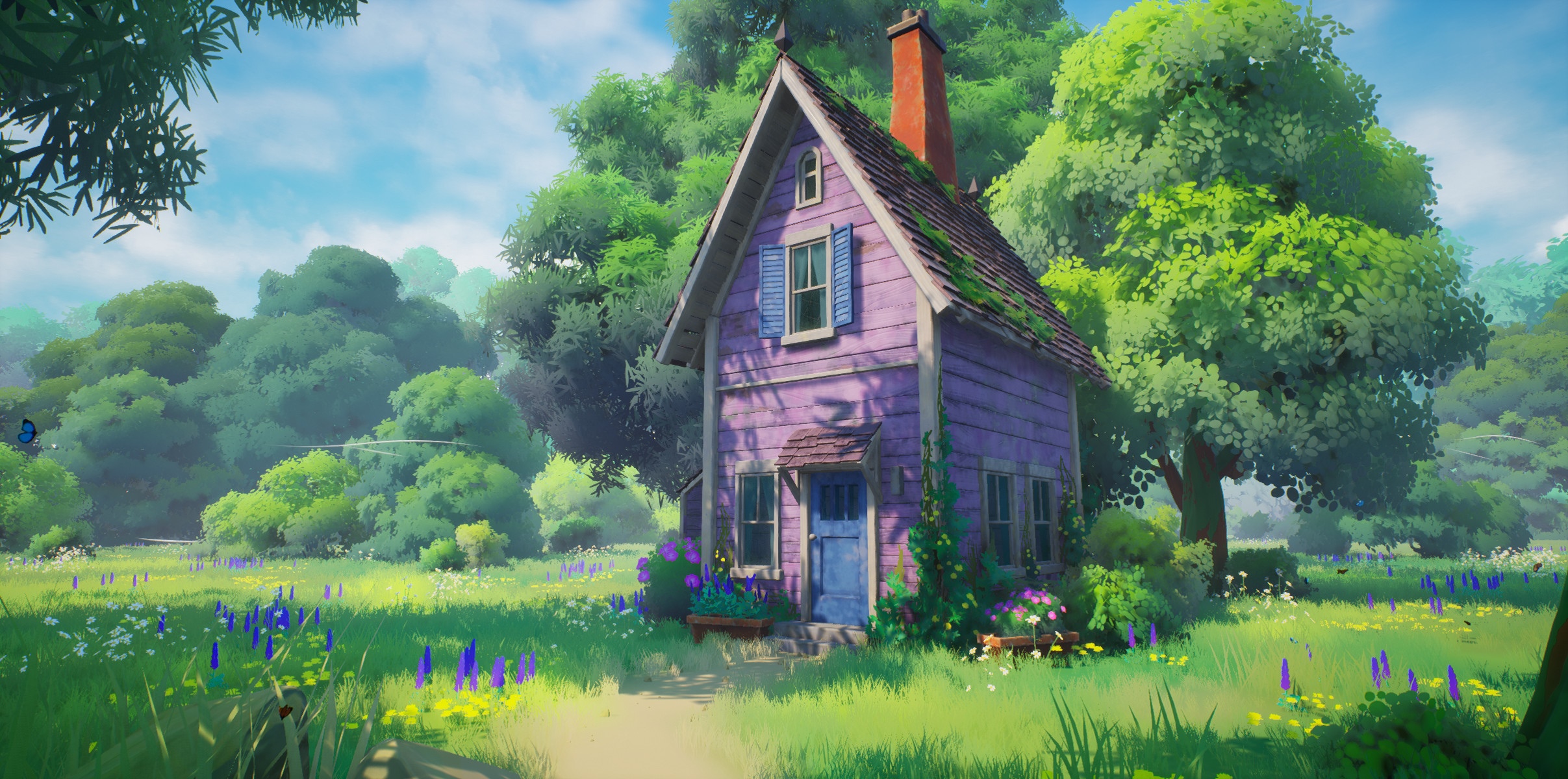 Purple house in a sunny meadow with trees HD Wallpaper