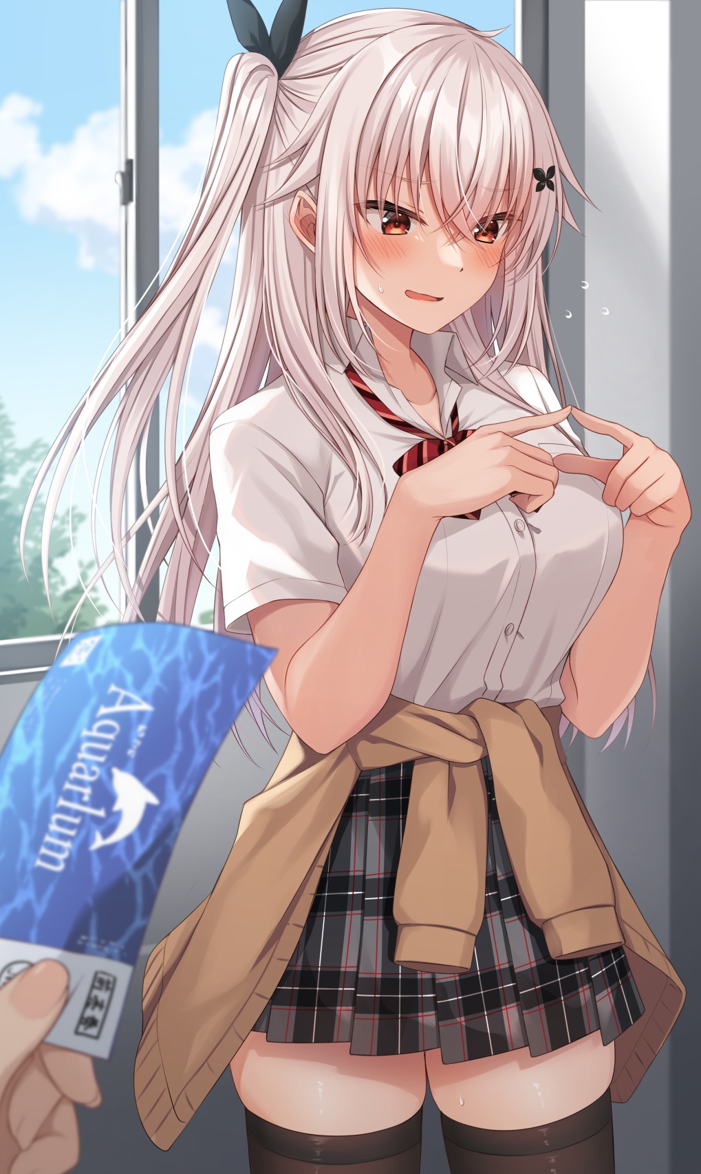 Anime girl in school uniform holding aquarium ticket HD Phone Wallpaper