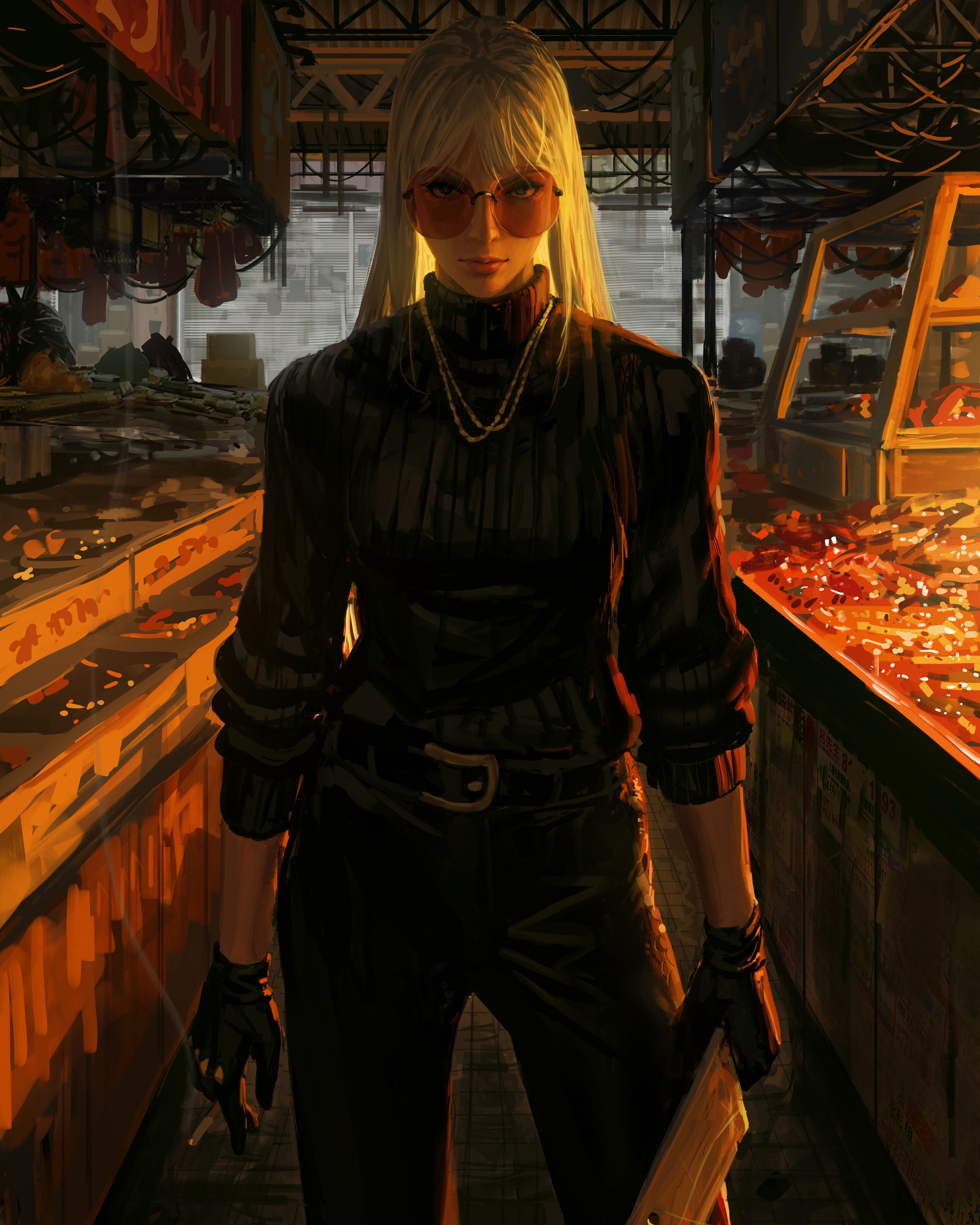 4K GUWEIZ drawing of a woman in a market HD Phone Wallpaper