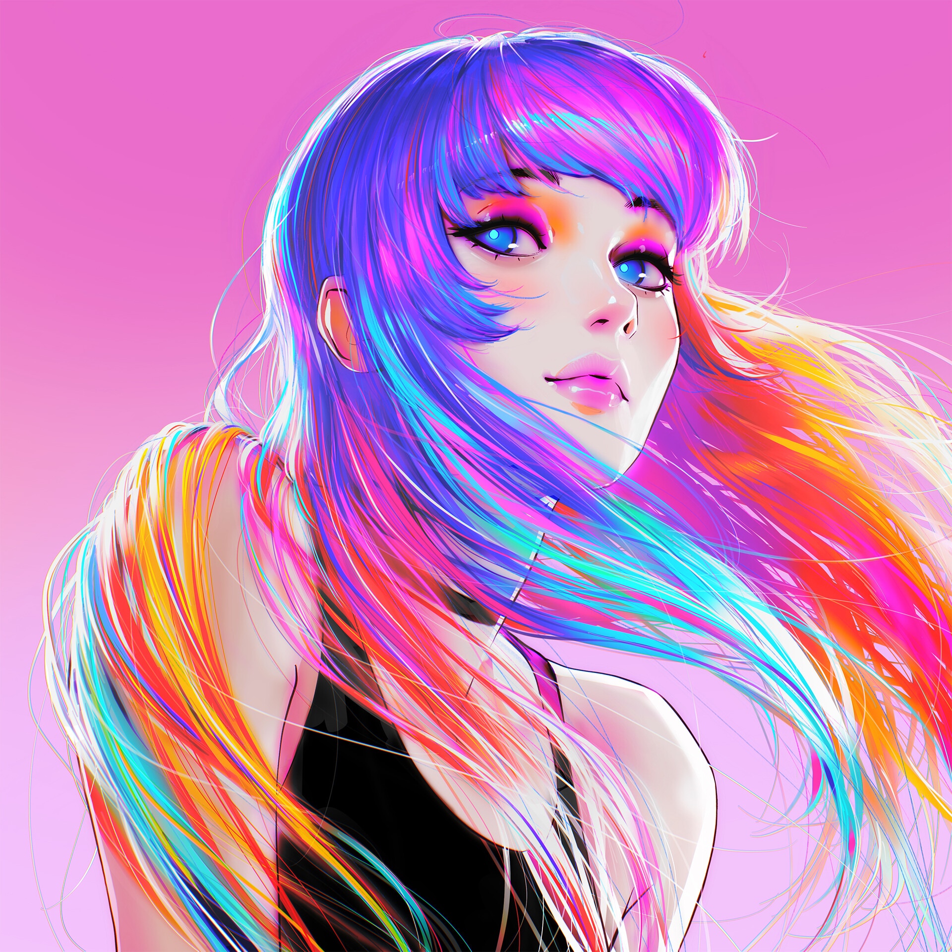 Woman with Multi-colored Hair HD Wallpaper