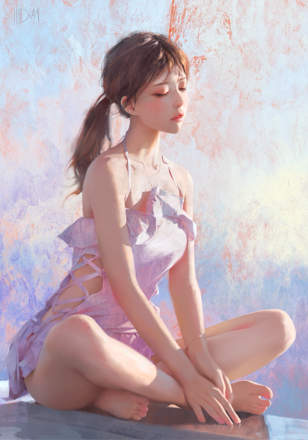 ILLDIAN painting of a woman sitting with eyes closed HD Phone Wallpaper