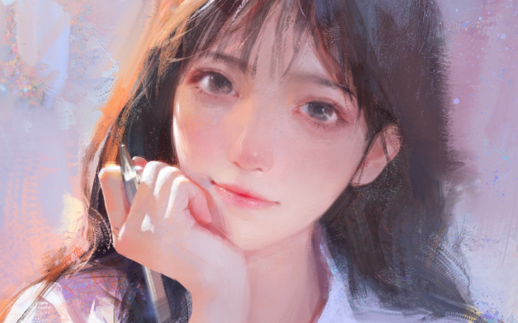 Asian woman with pen resting her head HD Wallpaper