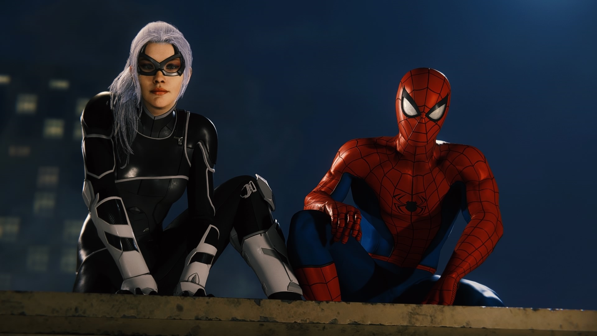 Spider-Man and Black Cat sitting on a ledge HD Wallpaper