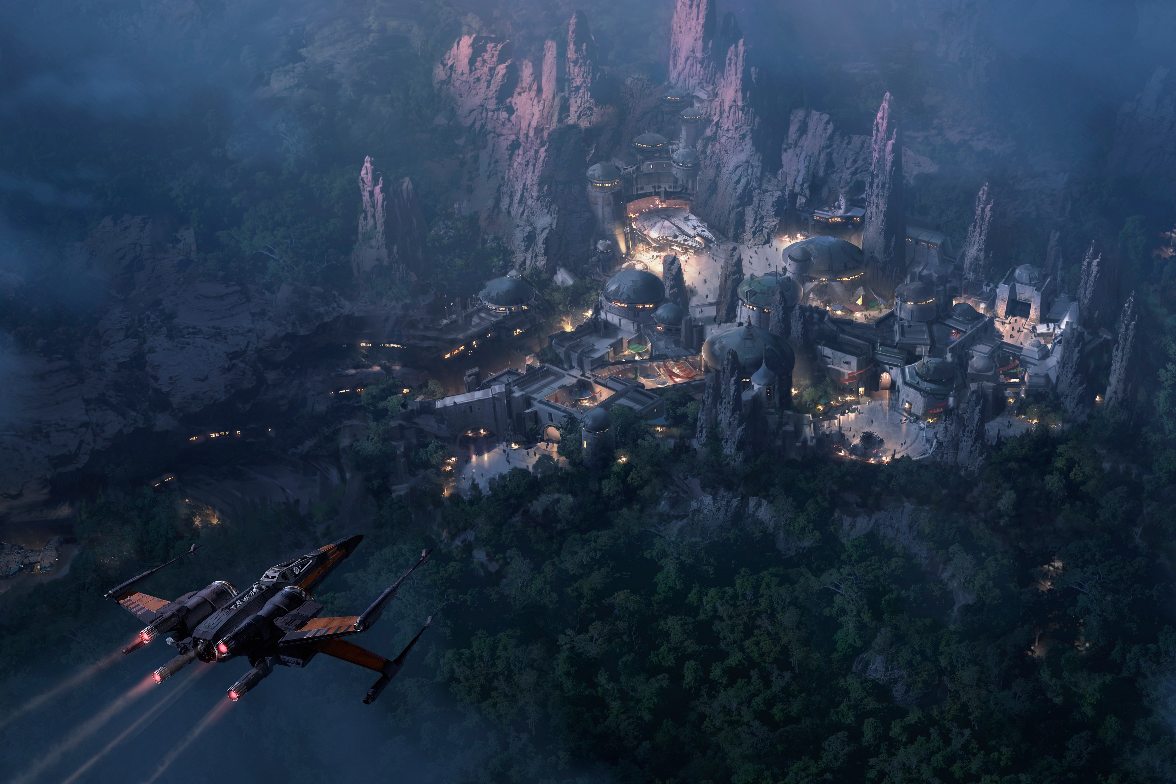 Star Wars X-wing flies over a settlement in mountains HD Wallpaper