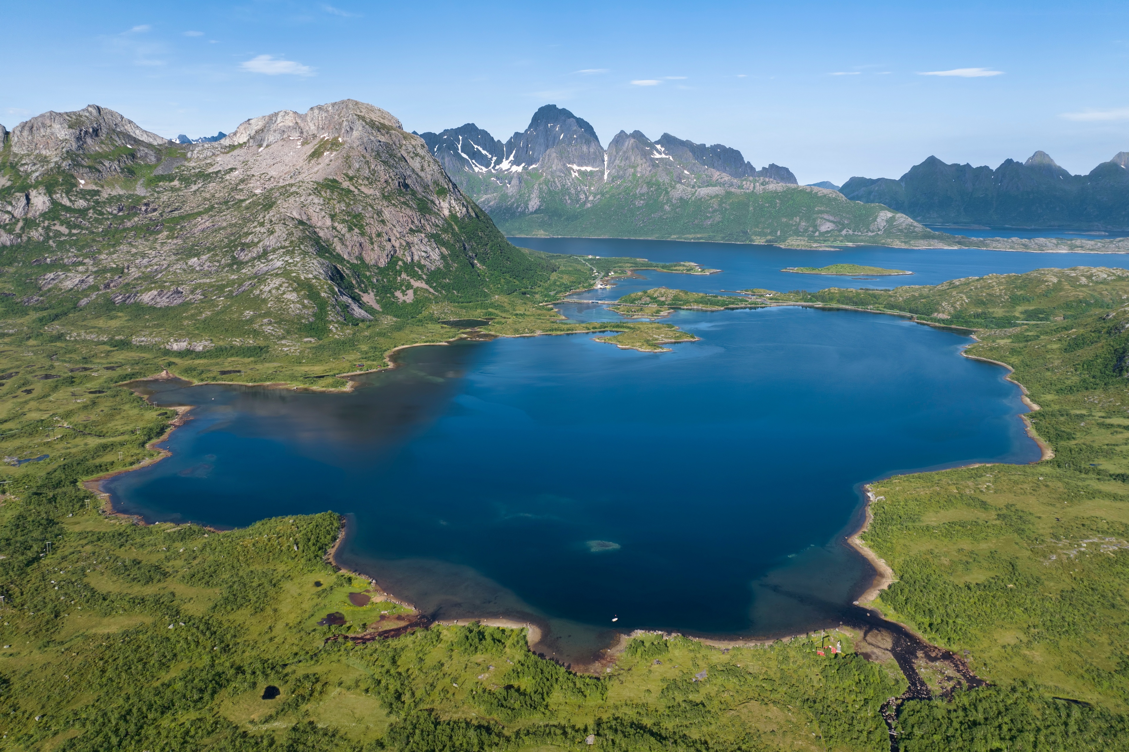 Aerial view of Lofoten, Norway with mountains and lakes HD Wallpaper
