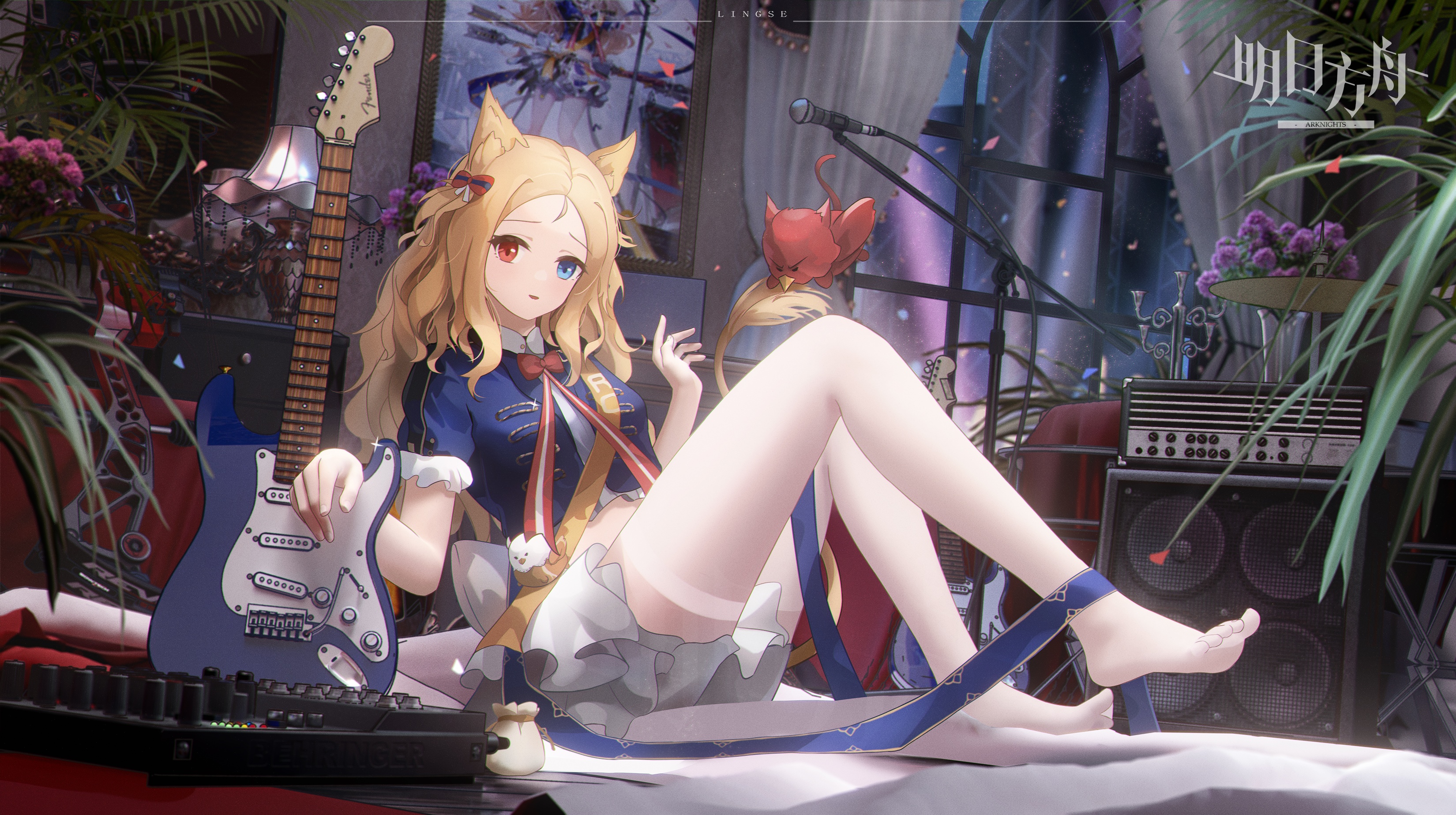 Arknights character with blonde hair and animal ears holding a guitar HD Wallpaper