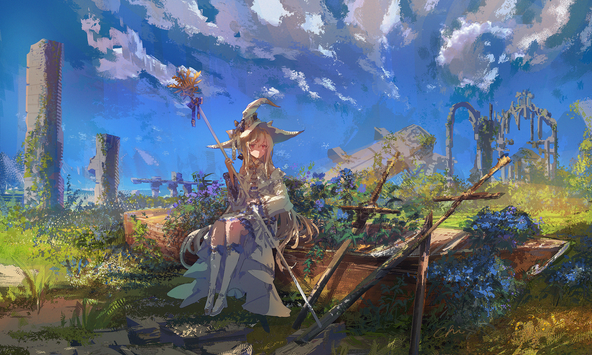 Anime girl with blonde hair and a hat in ruins HD Wallpaper