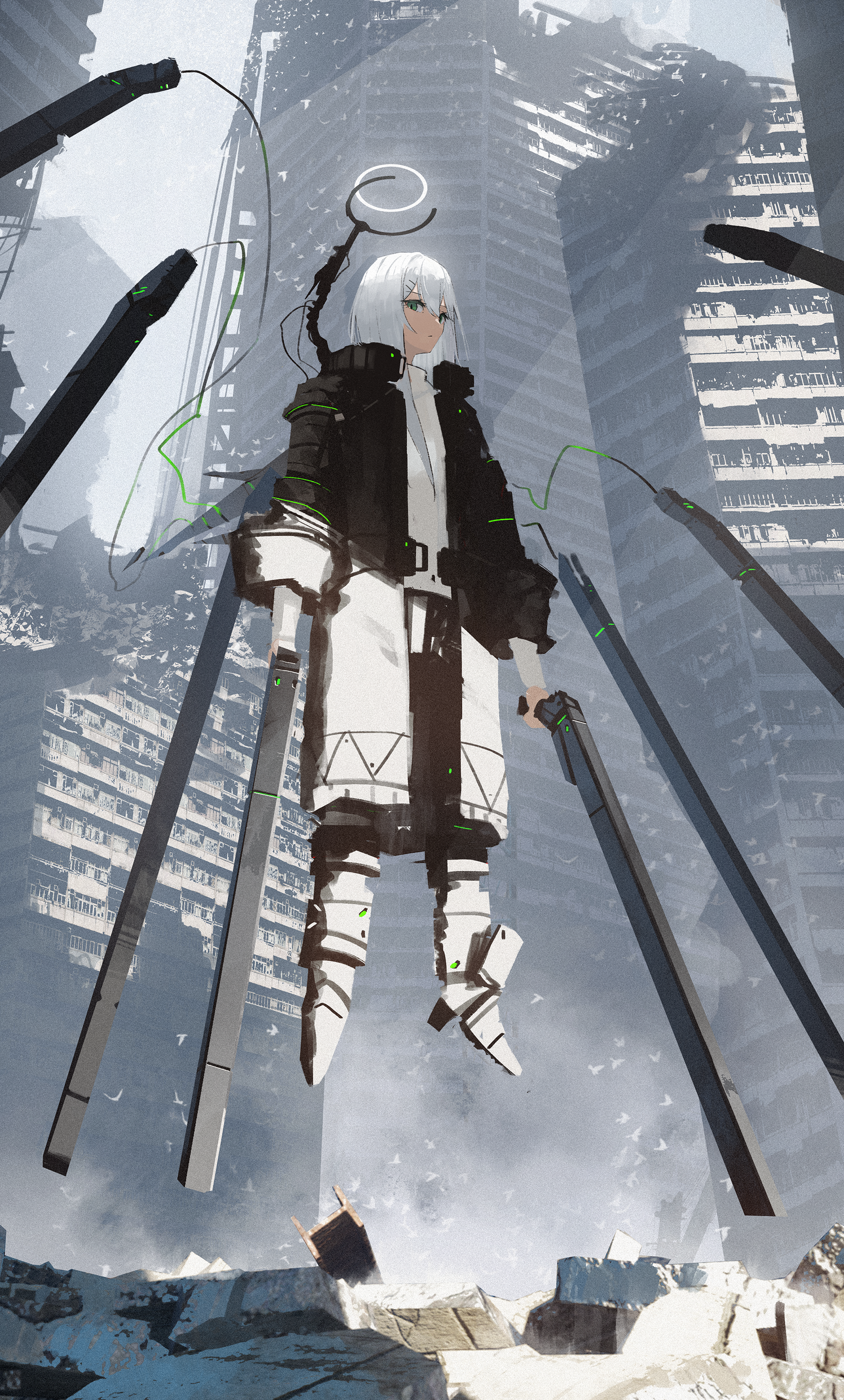 Girl with white hair and halo in ruined city HD Phone Wallpaper