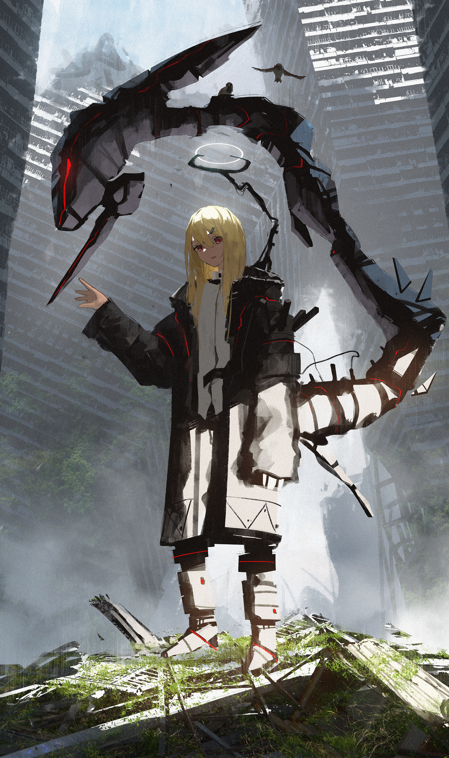 Girl with robotic dragon in ruined city HD Phone Wallpaper
