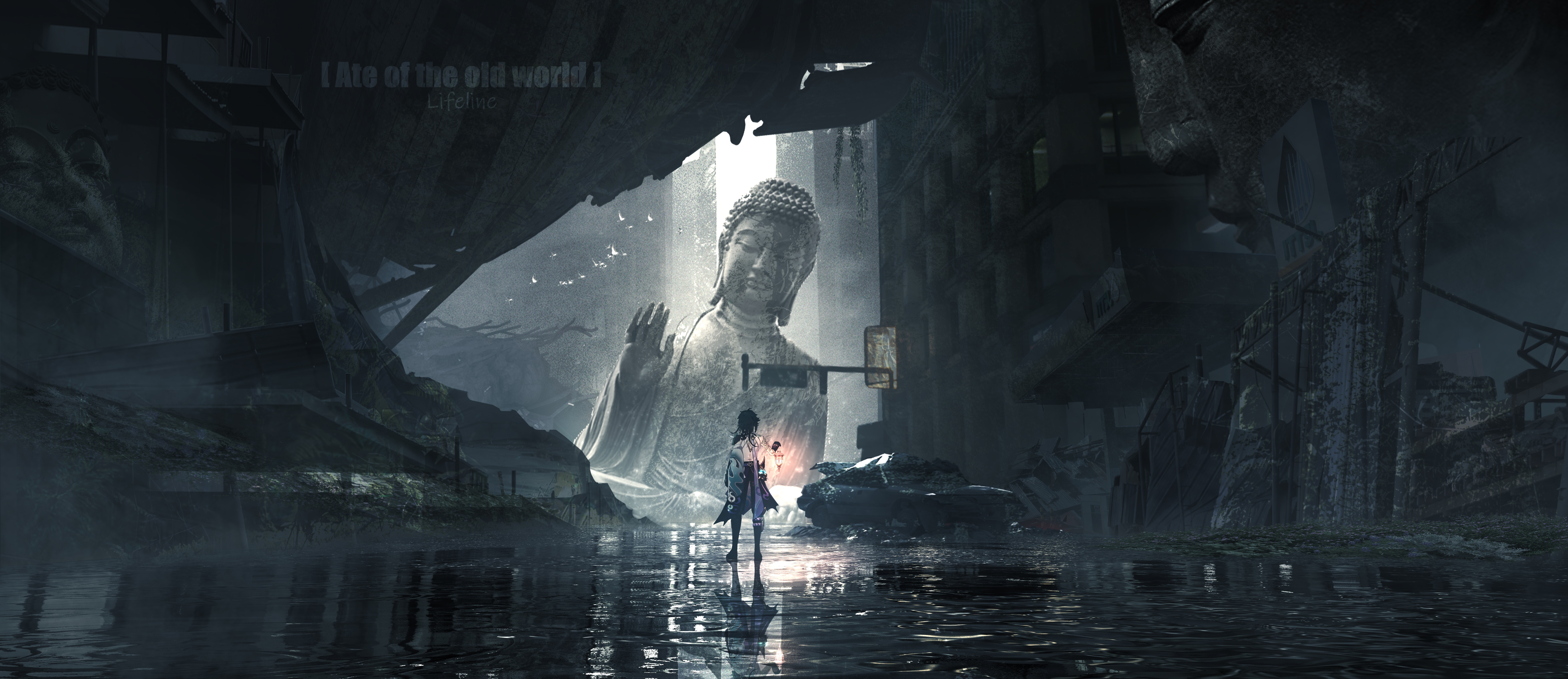 4K Xiao in ruined city with Buddha statue HD Wallpaper