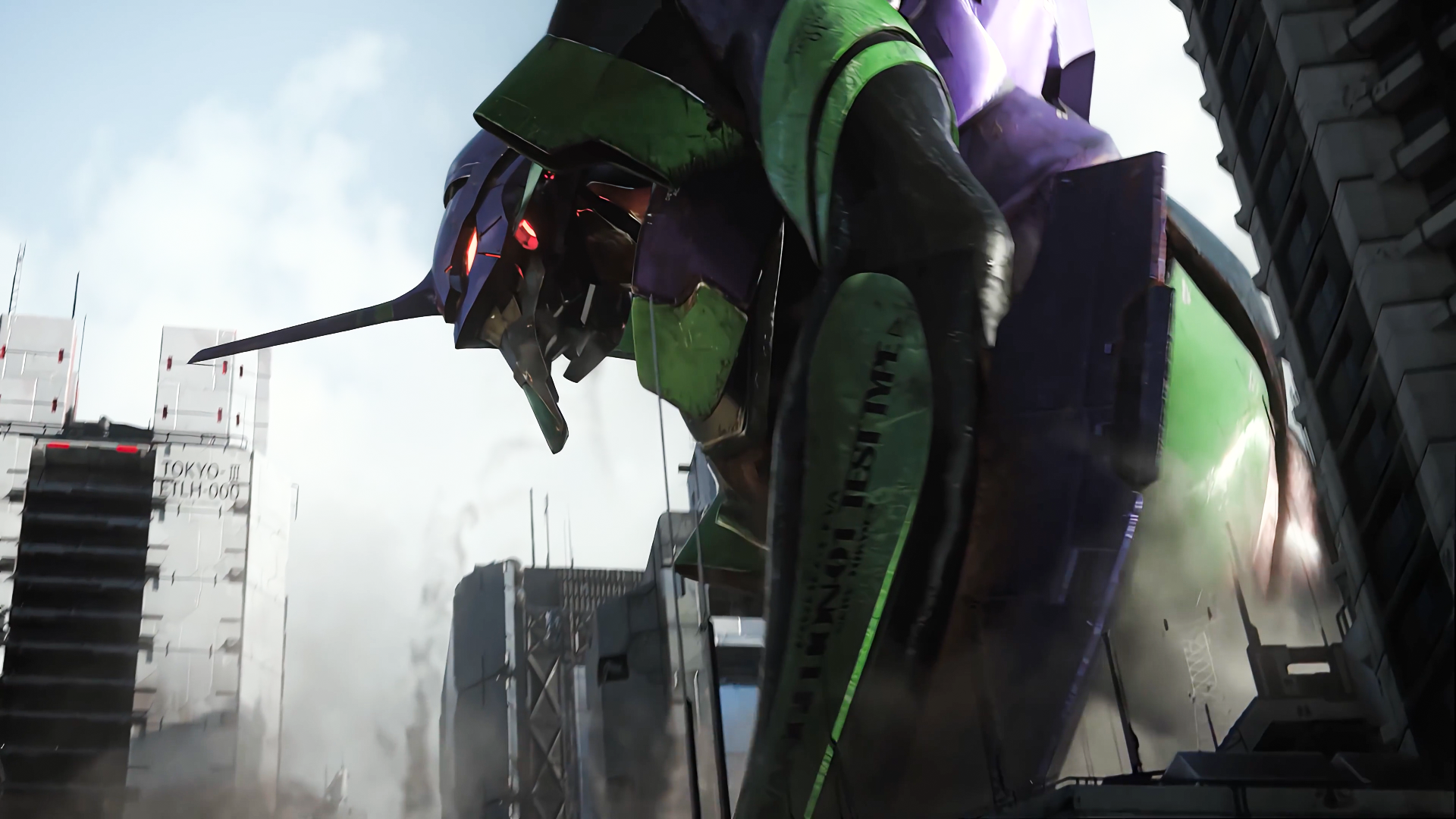 EVA Unit 01 in a destroyed city HD Wallpaper