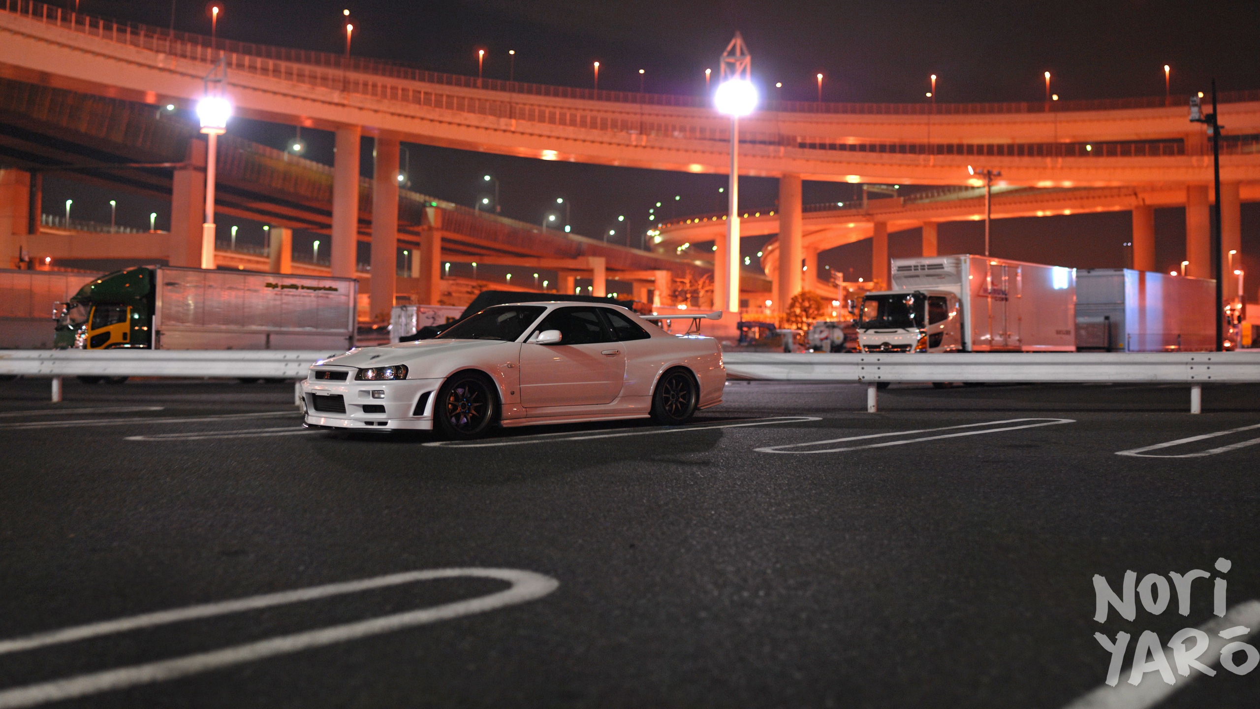 White Nissan Skyline R34 in Daikoku Parking Area at Night HD Wallpaper