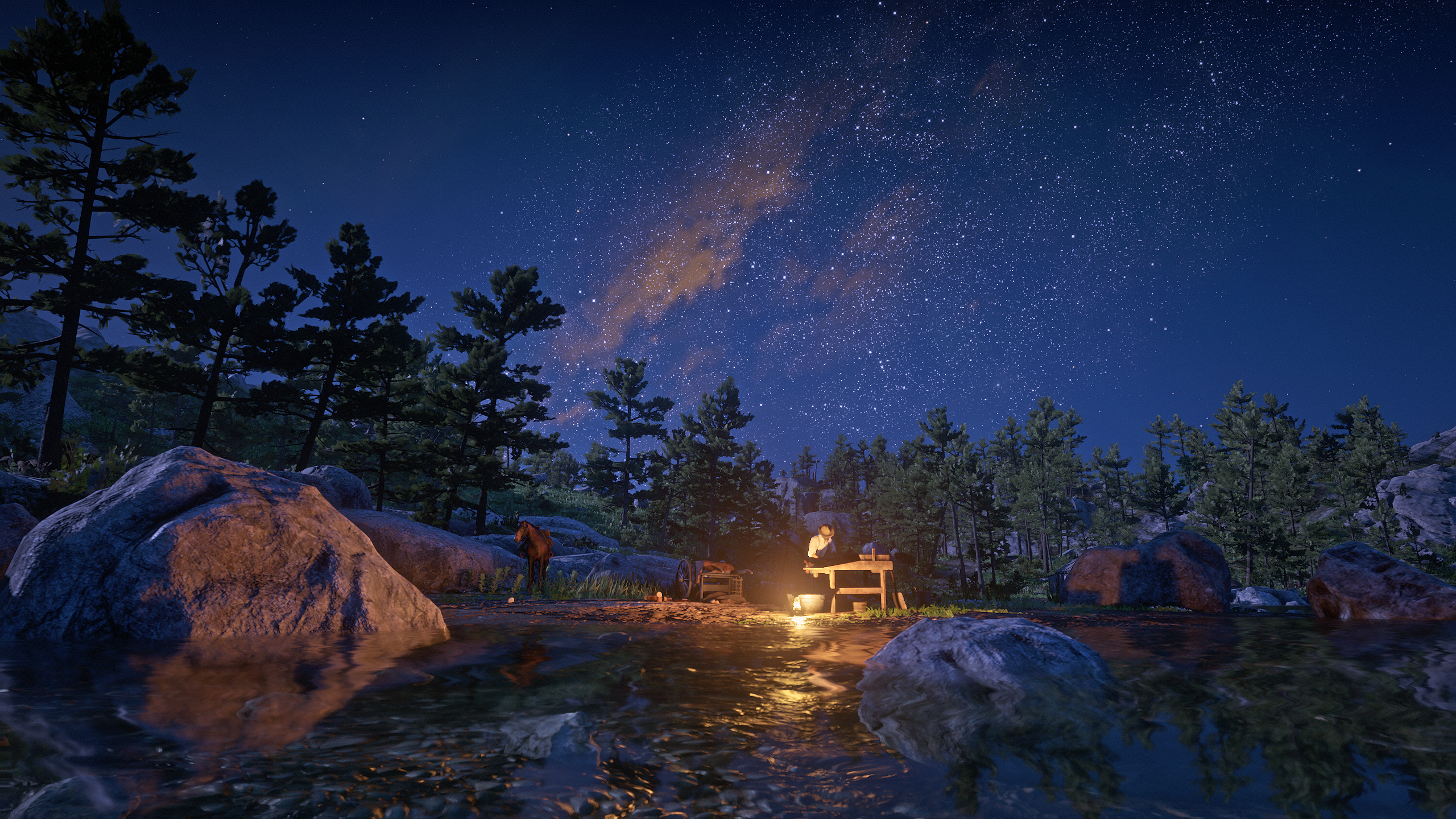 Red Dead Redemption 2 night scene with stars and campfire HD Wallpaper