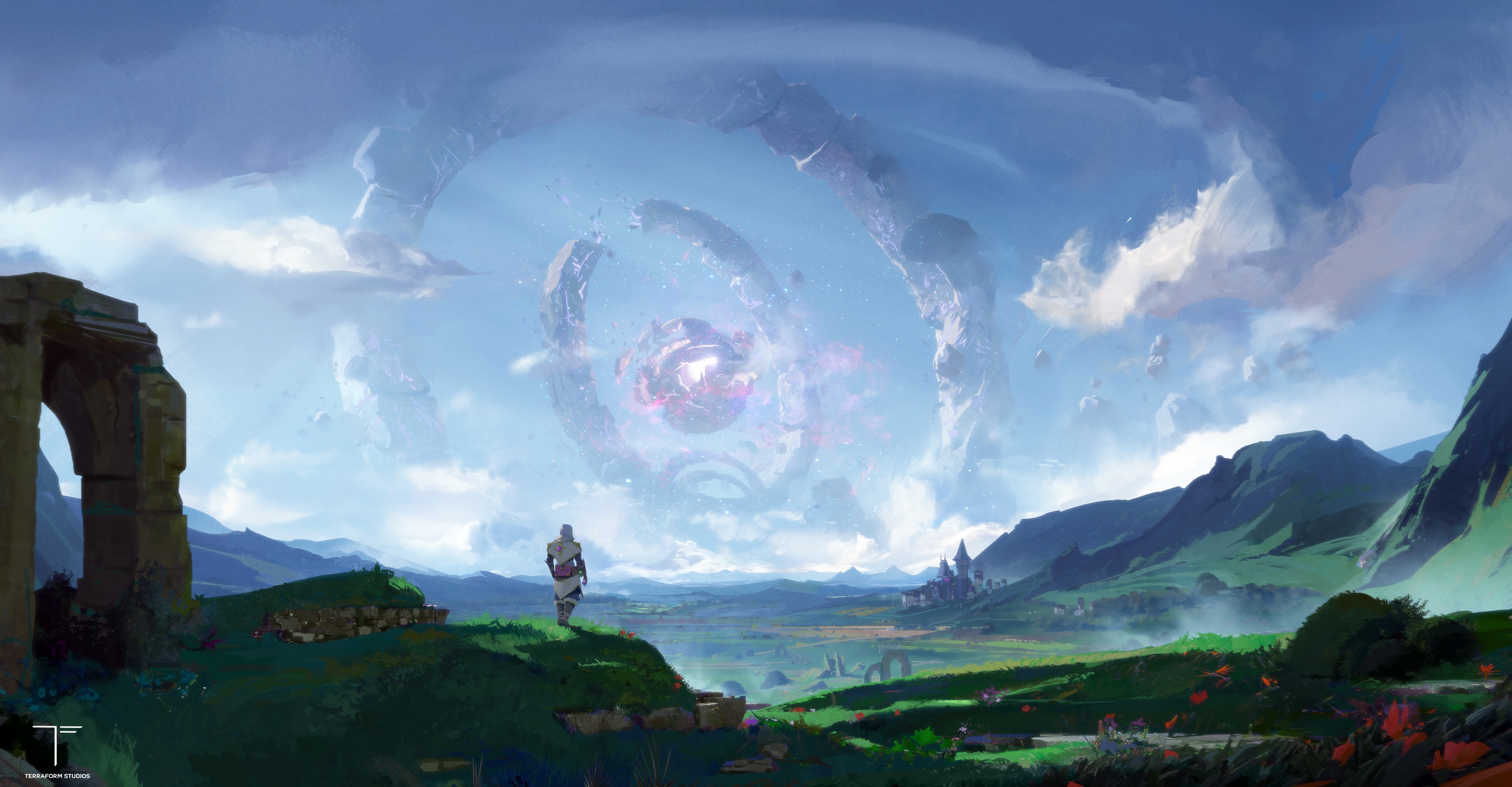 Fantasy landscape with surreal sky rings HD Wallpaper