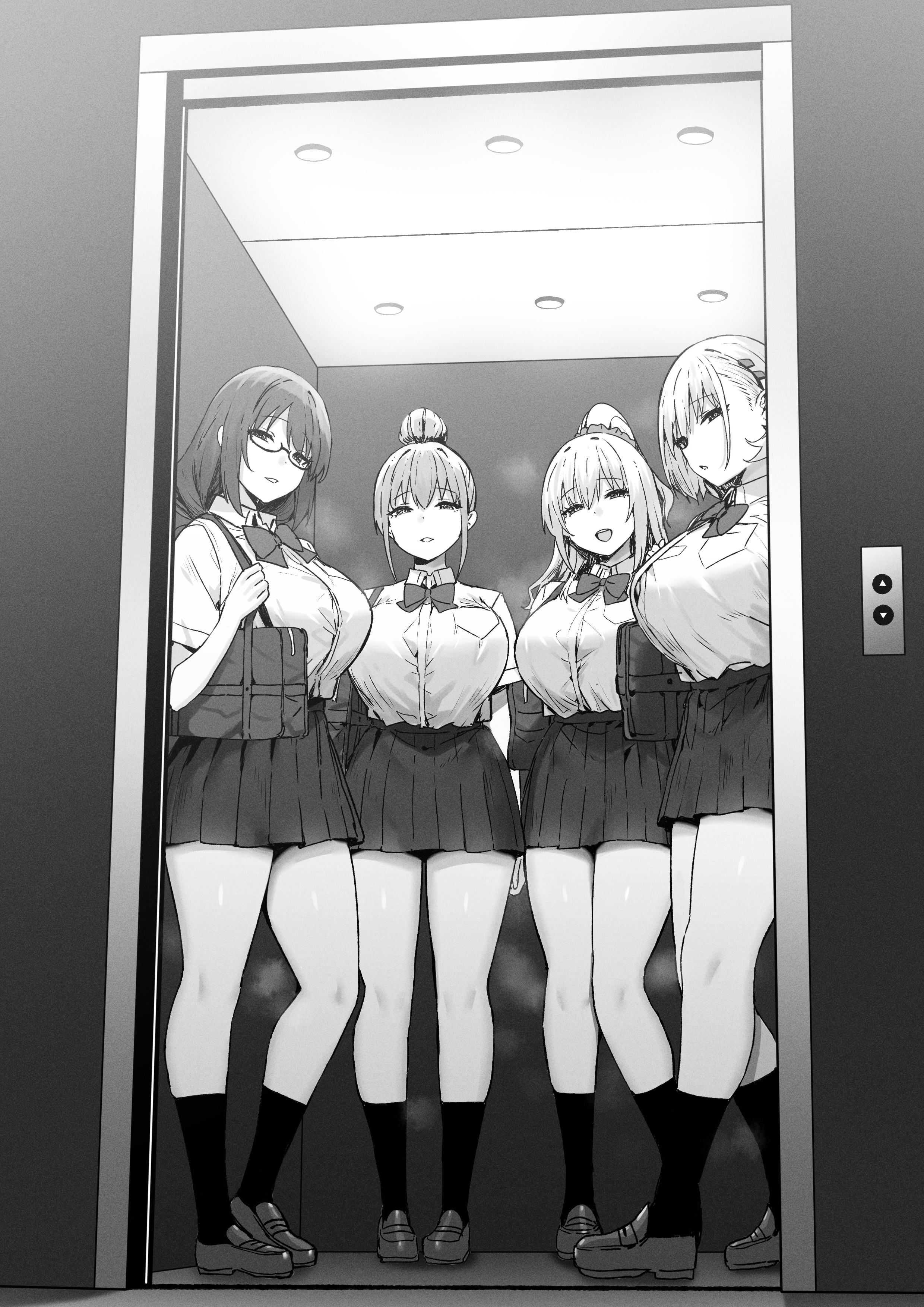 Four anime schoolgirls in an elevator HD Phone Wallpaper