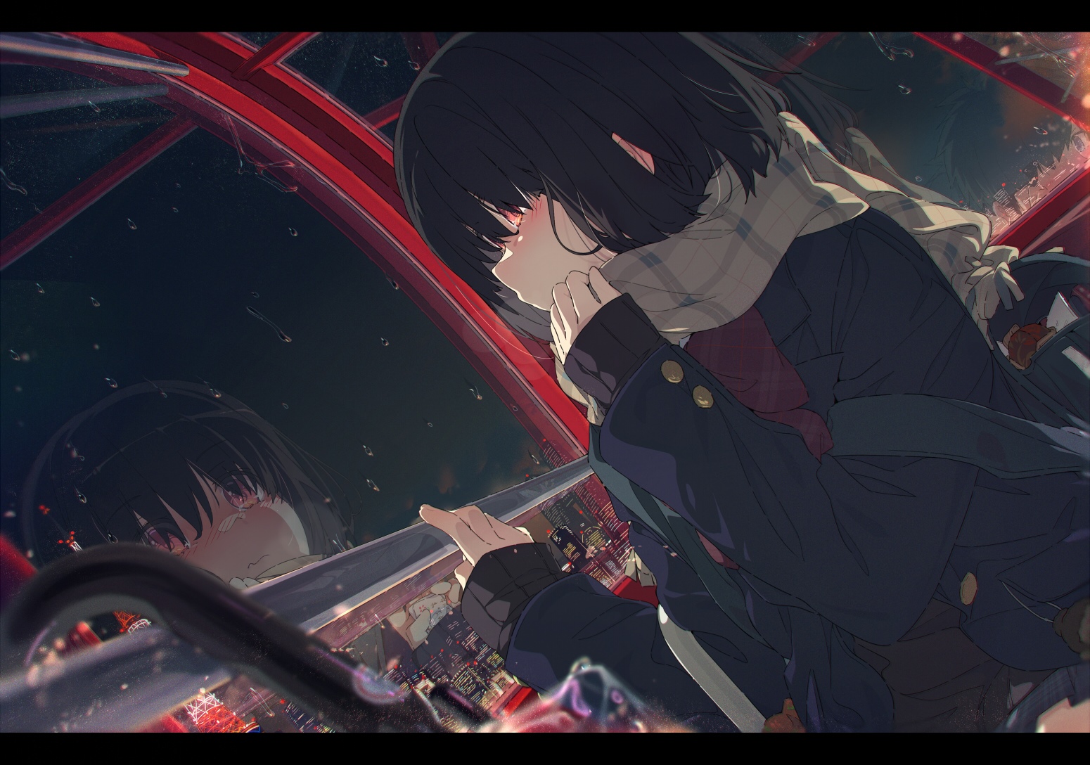 Girl with red eyes looking out a rainy window HD Wallpaper