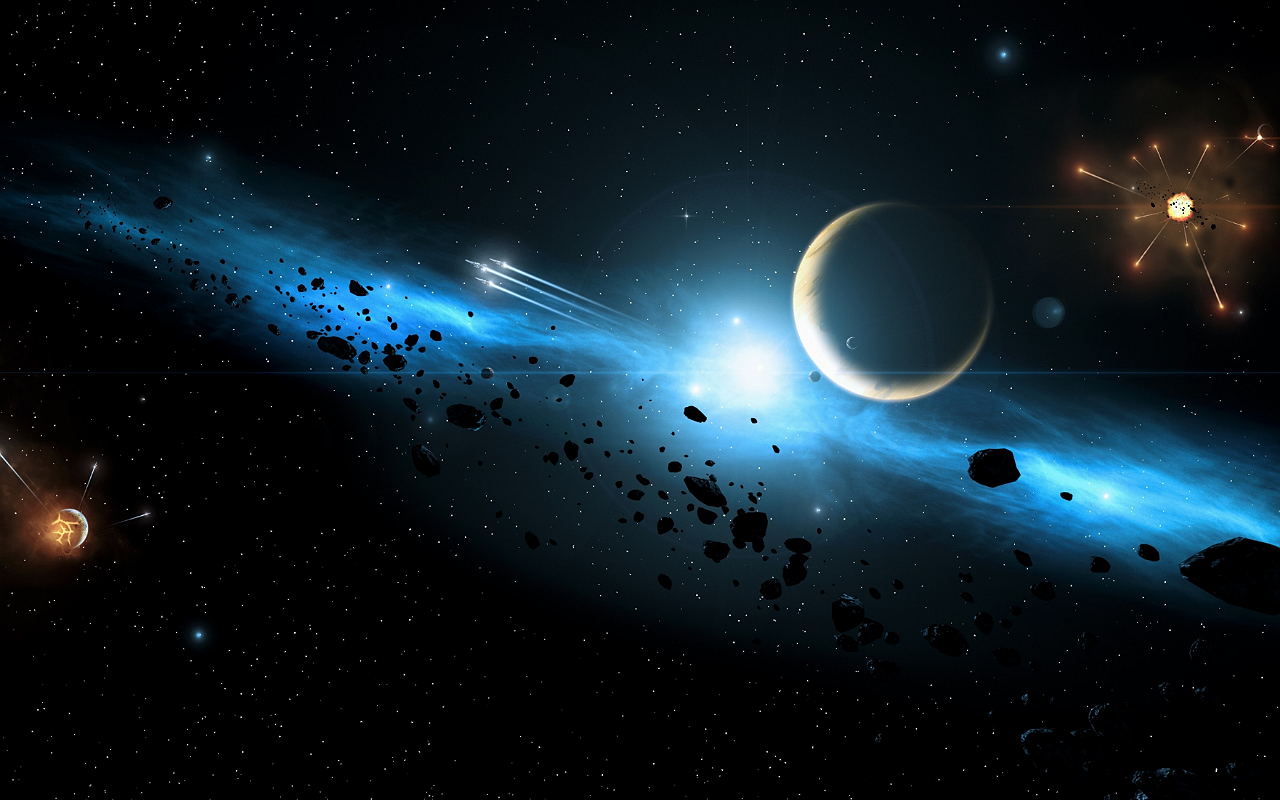 Space scene with planets, asteroids, and spacecraft HD Wallpaper
