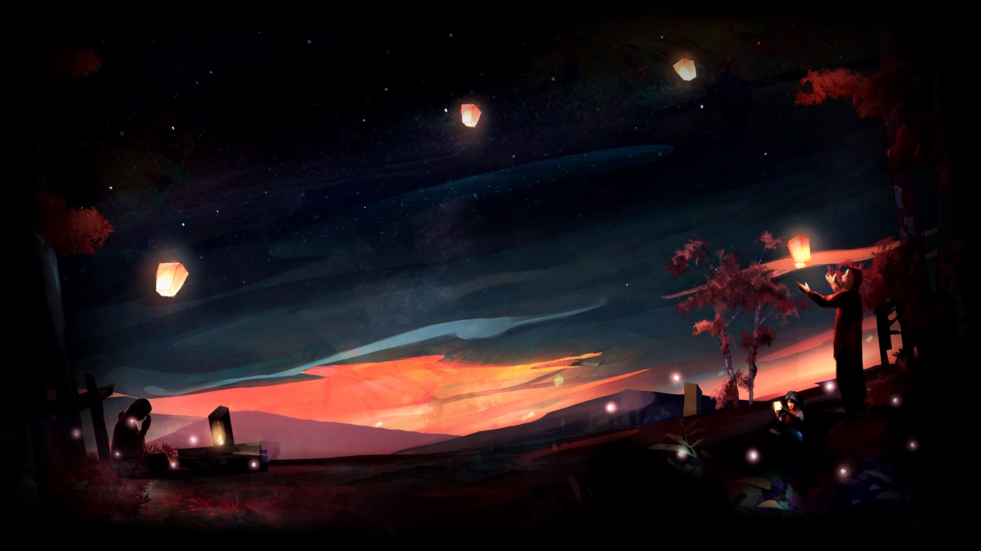 Video game scene with sky lanterns at sunset HD Wallpaper