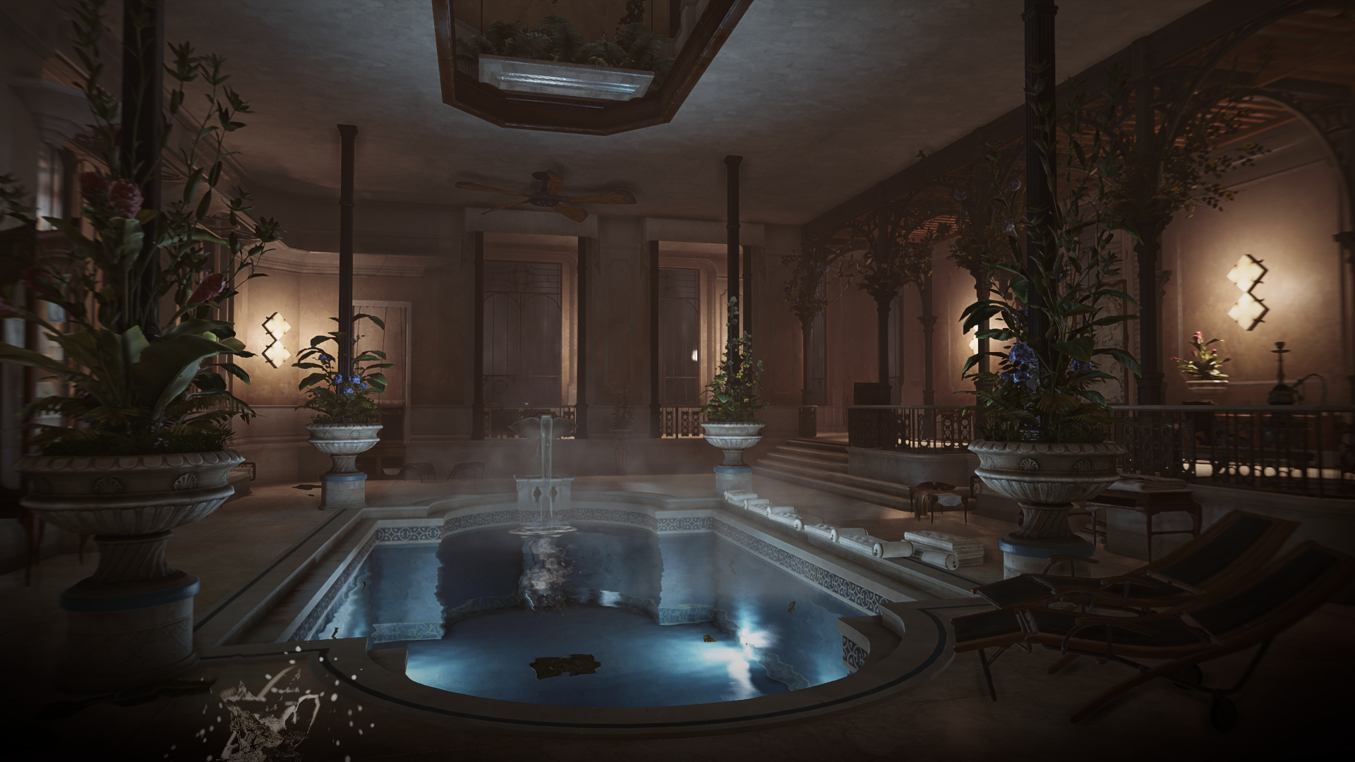 Dishonored 2 screenshot of a swimming pool area HD Wallpaper