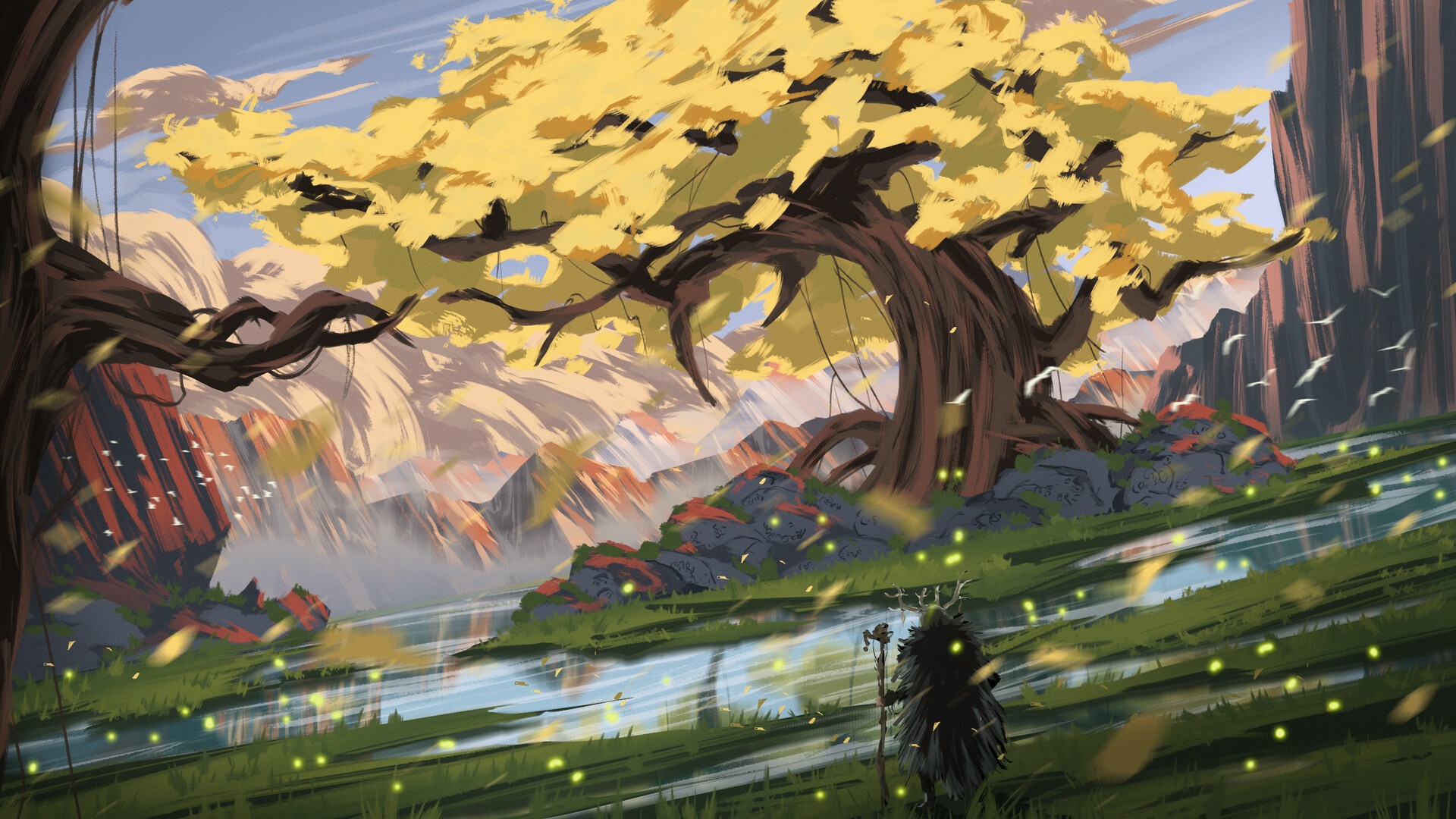Fantasy landscape with a druid and a large tree HD Wallpaper