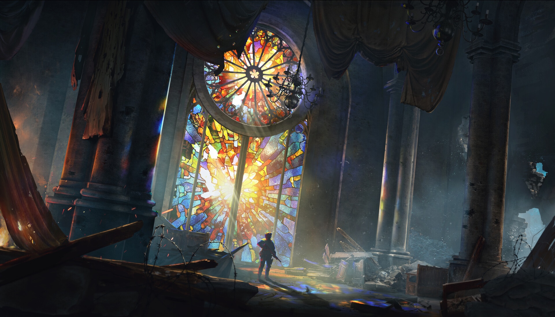 Soldier in a destroyed church with stained glass window HD Wallpaper