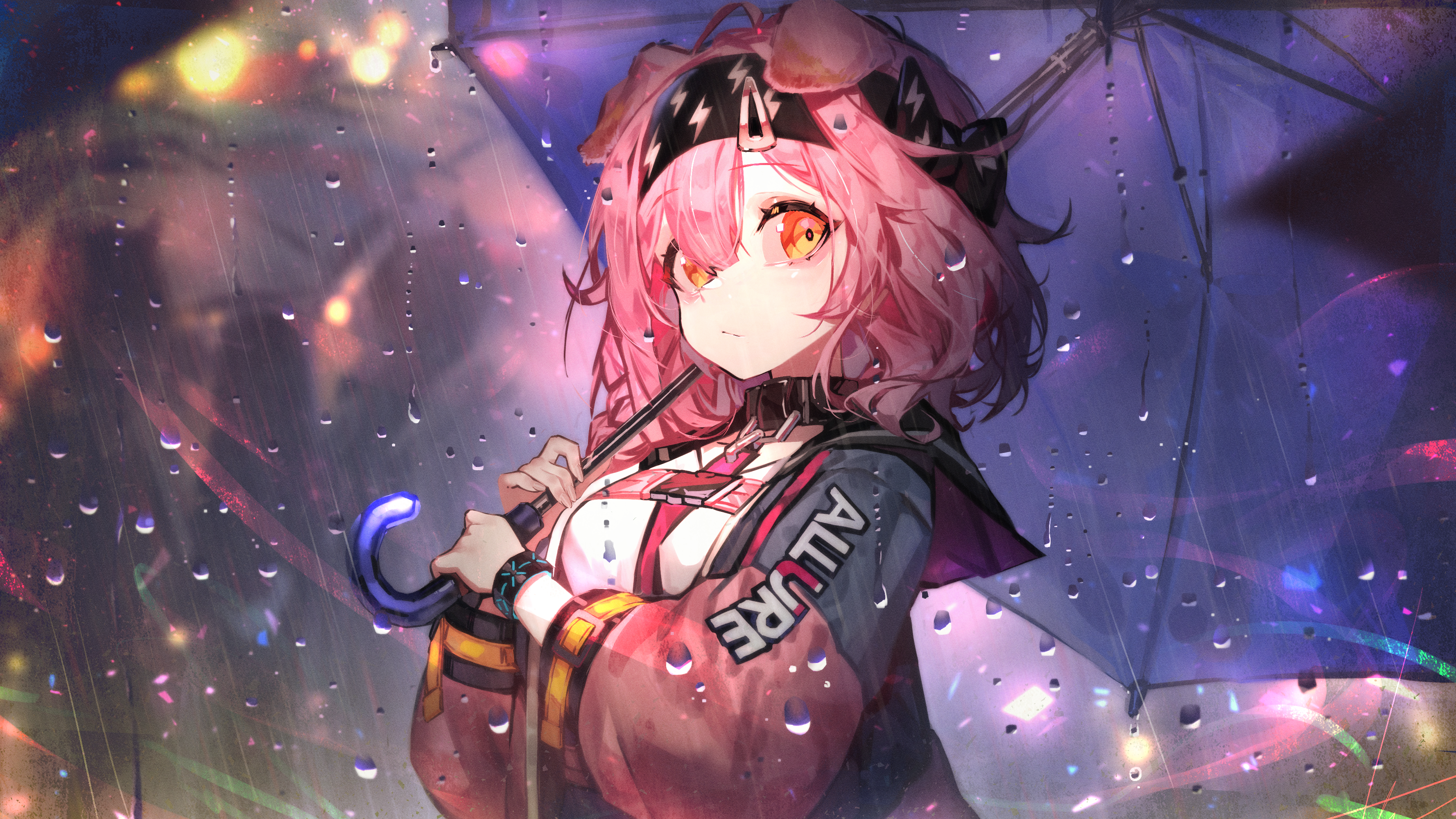 Arknights character with pink hair holding an umbrella in the rain HD Wallpaper