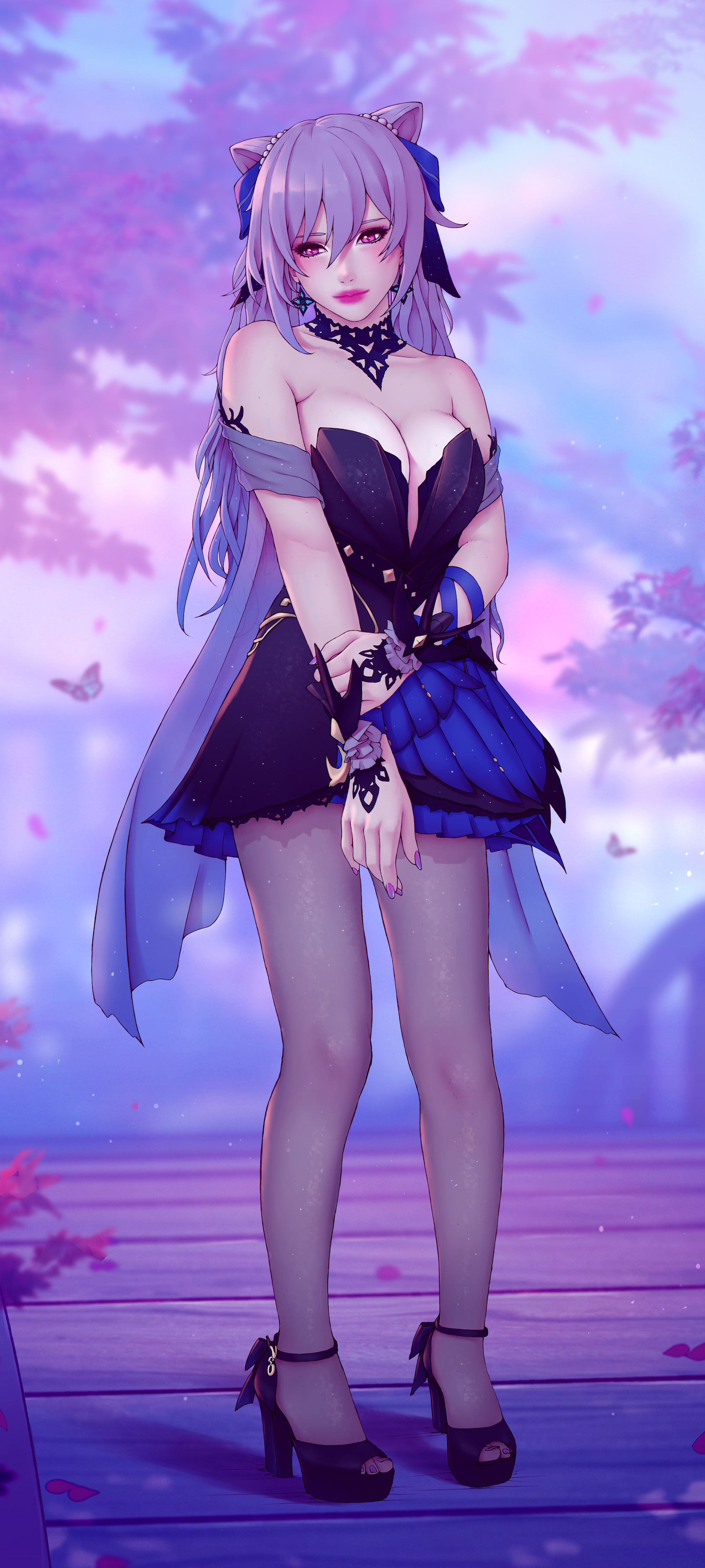 Keqing from Genshin Impact in a blue and black dress HD Phone Wallpaper