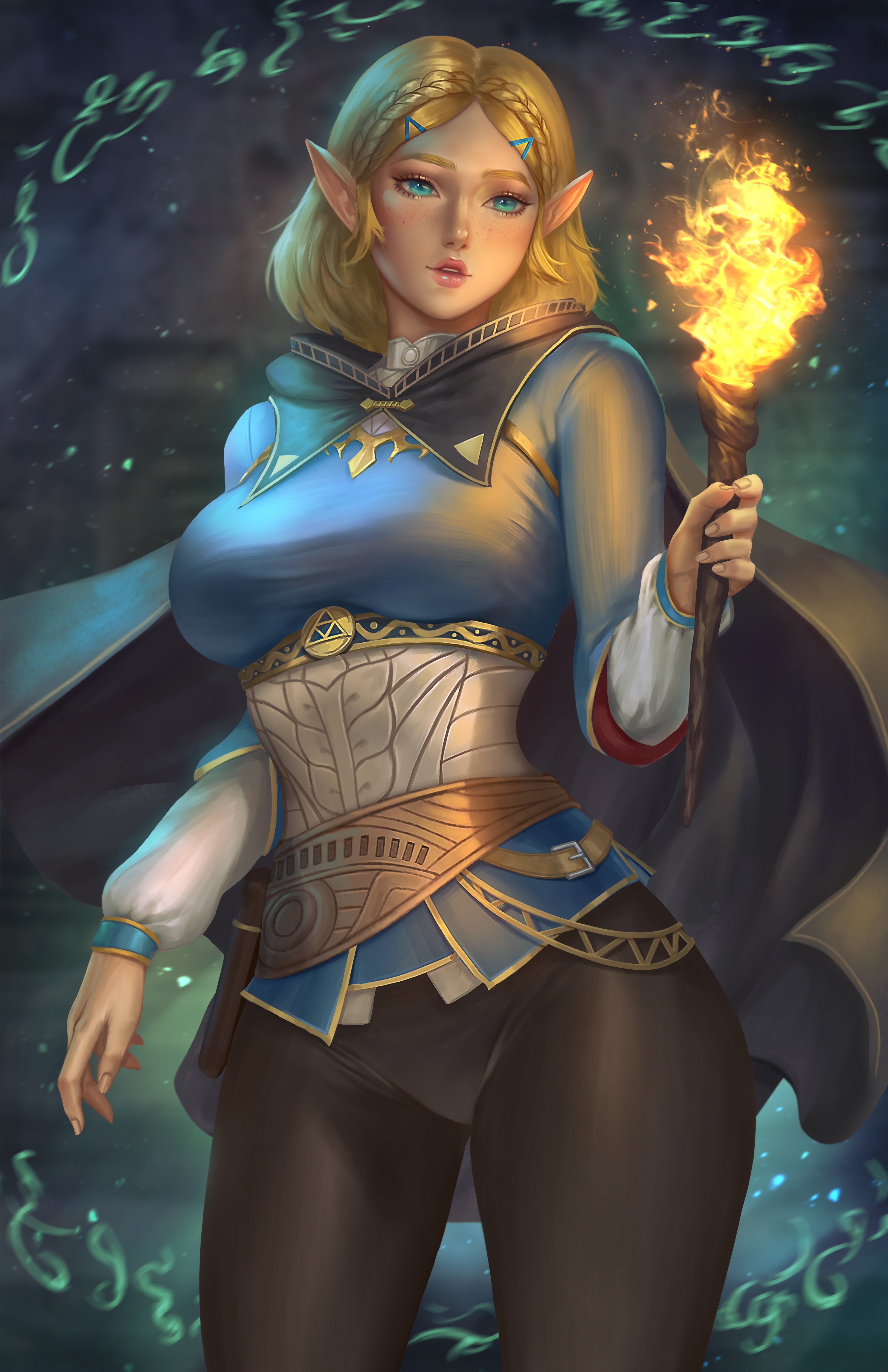 Zelda holding a torch with magical symbols HD Phone Wallpaper