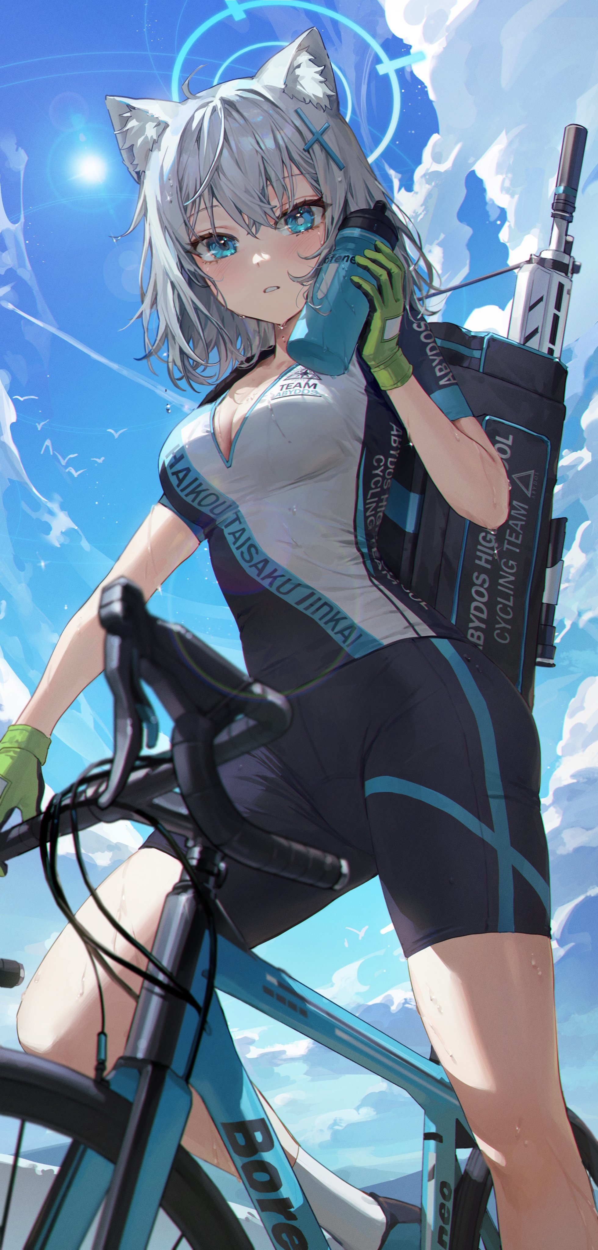 Blue Archive Fox Girl Cycling with Gun HD Phone Wallpaper