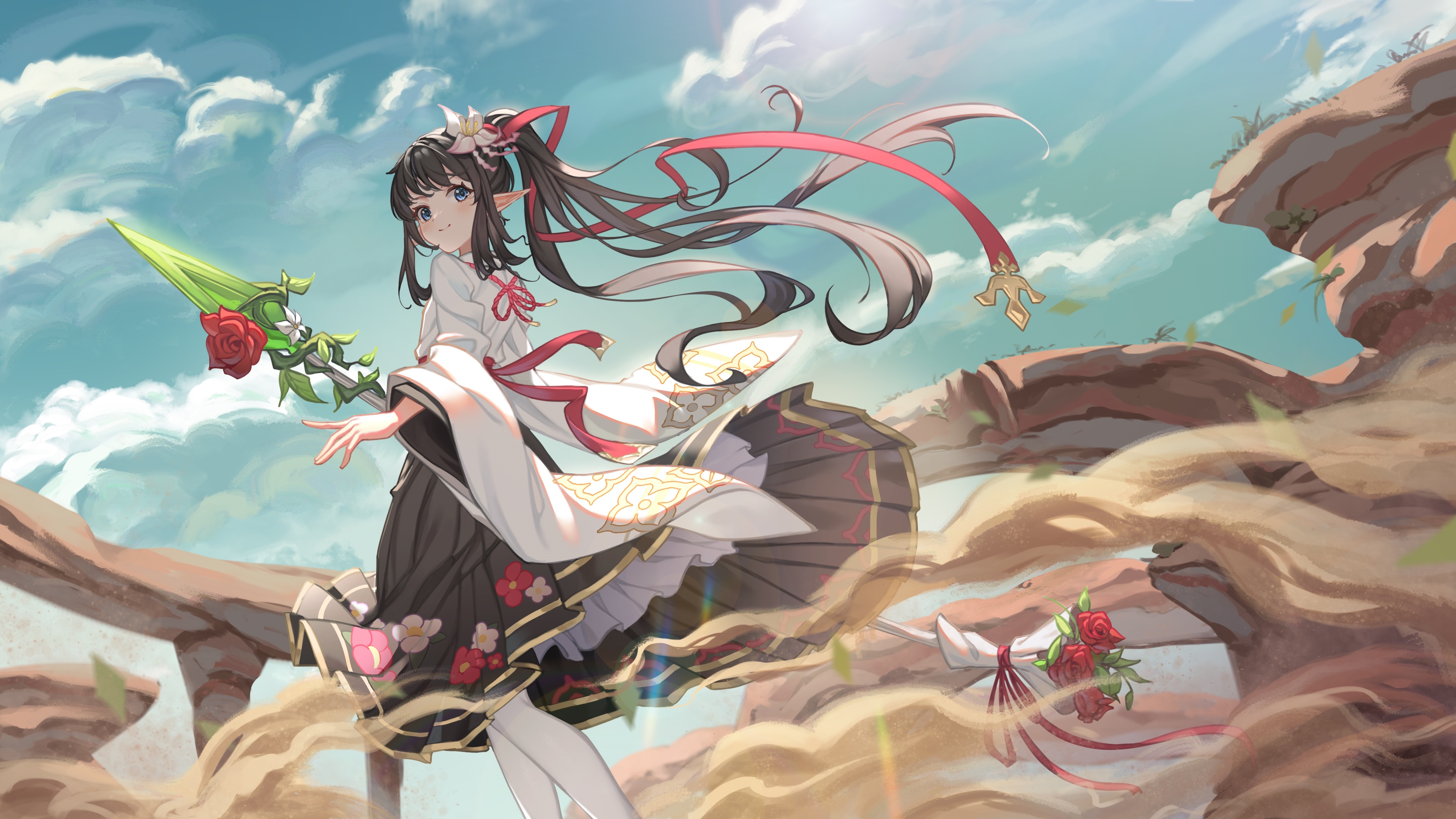 4K anime girl with twintails and flowers HD Wallpaper