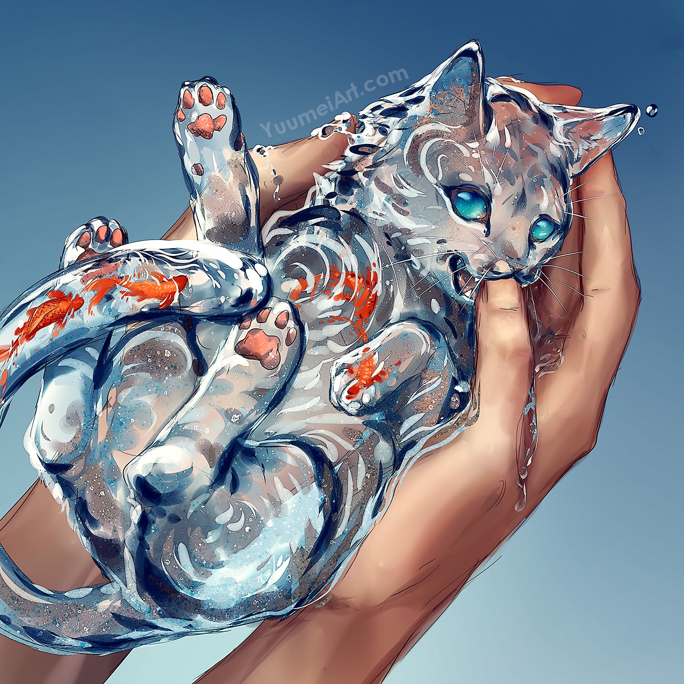 Artwork of a water cat with koi fish inside HD Wallpaper