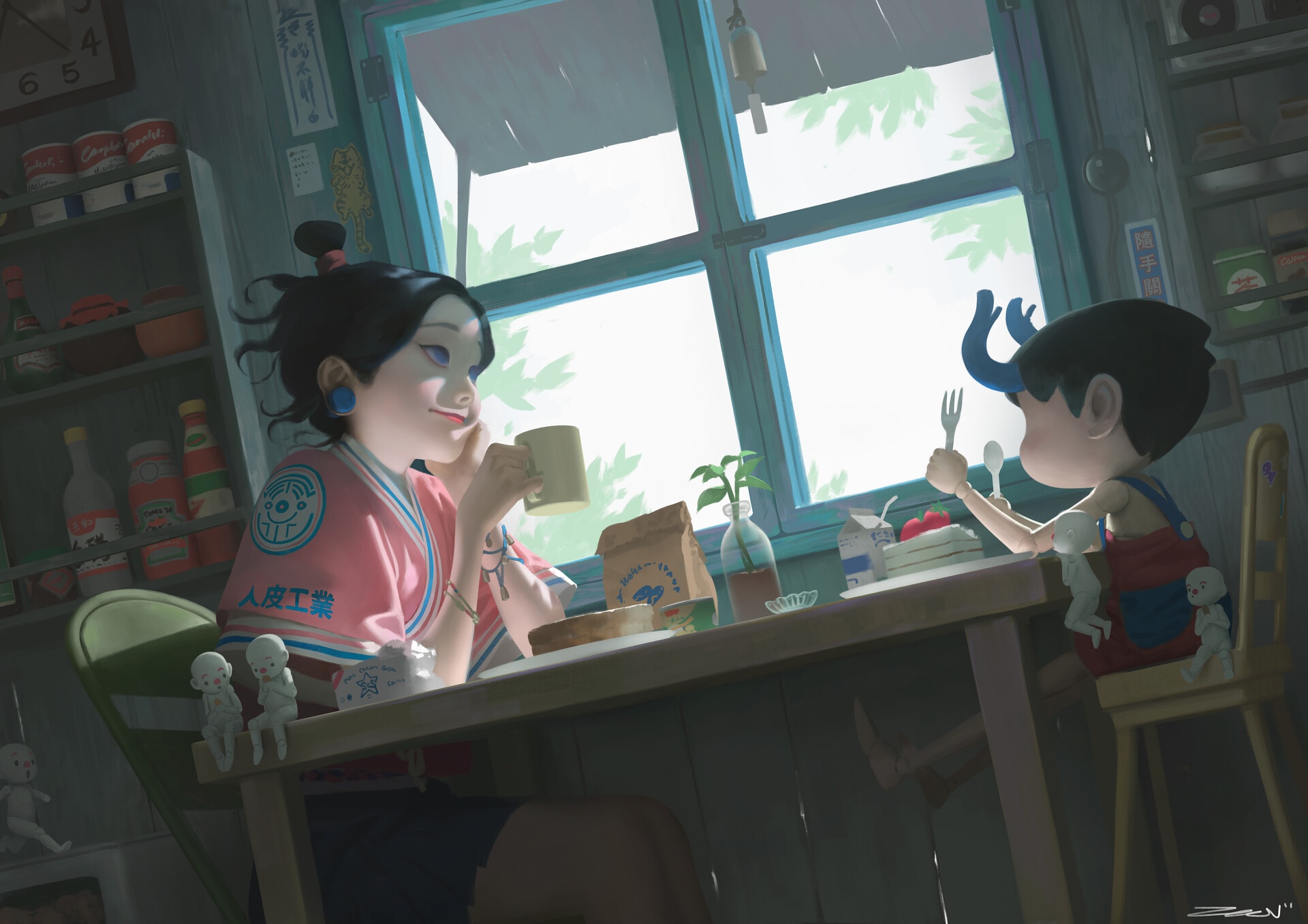 Woman and child having breakfast indoors HD Wallpaper