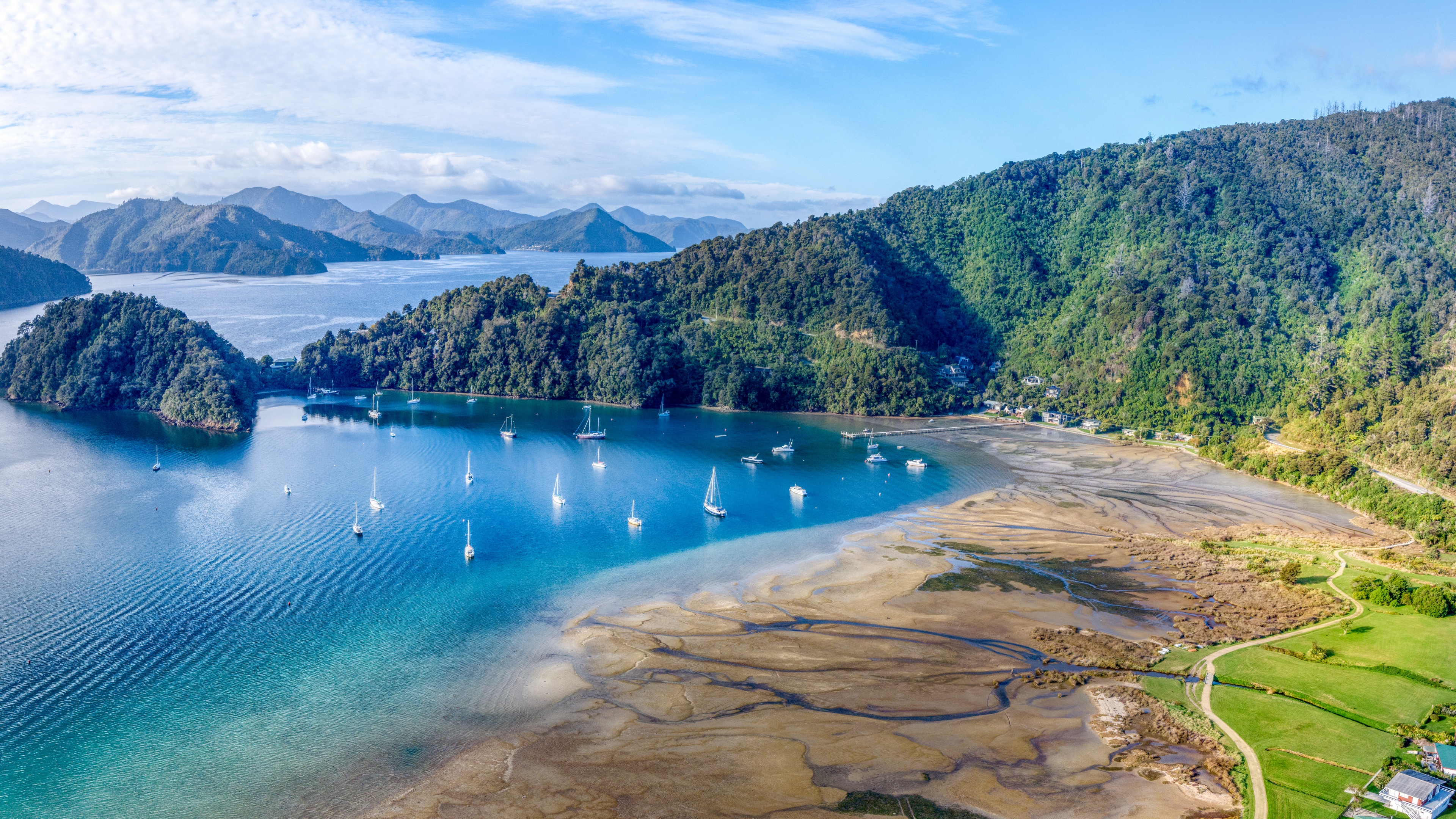 4K aerial view of boats in a bay near Picton, New Zealand HD Wallpaper