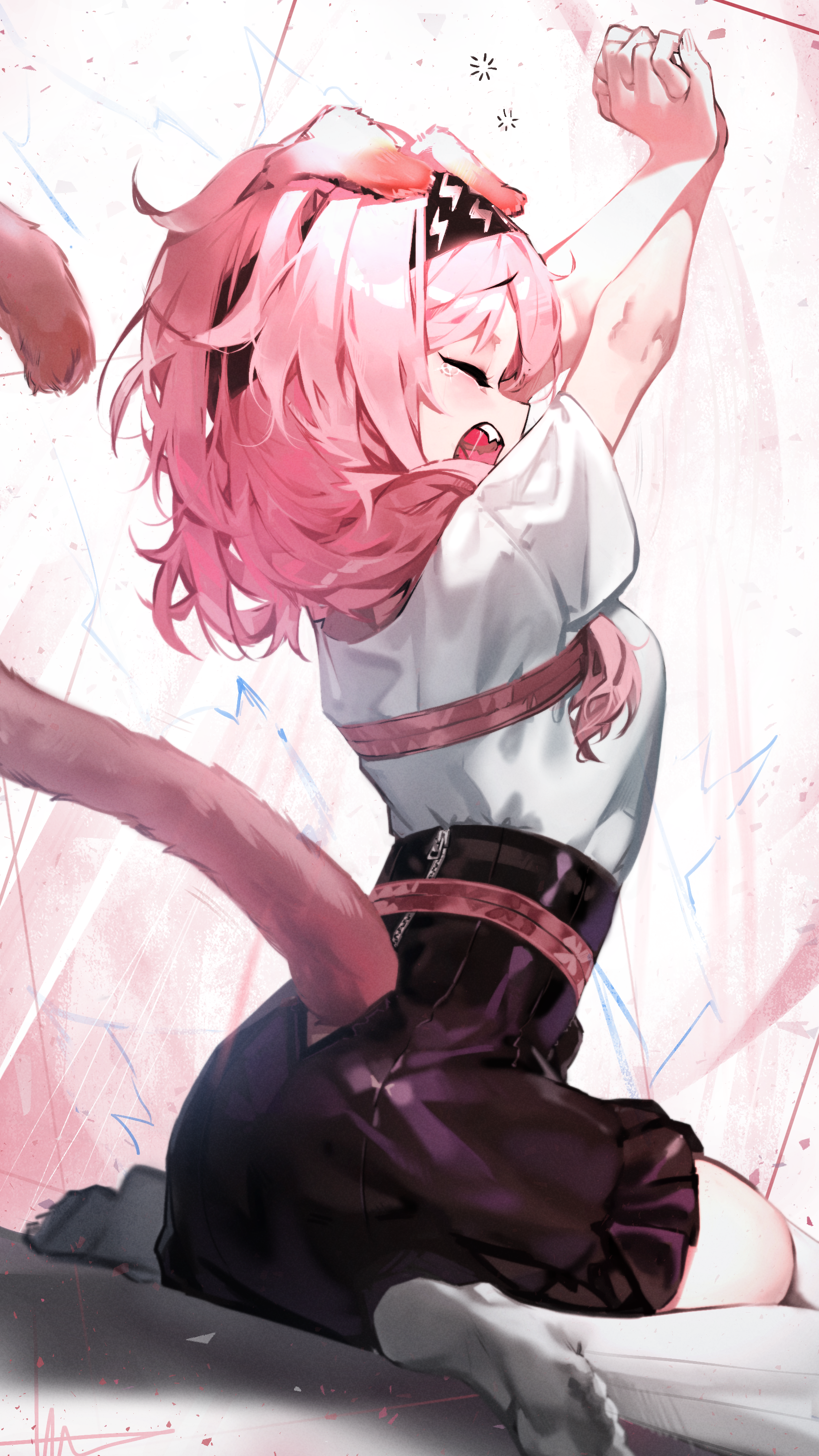 Goldenglow from Arknights stretching with pink hair and tail HD Phone Wallpaper
