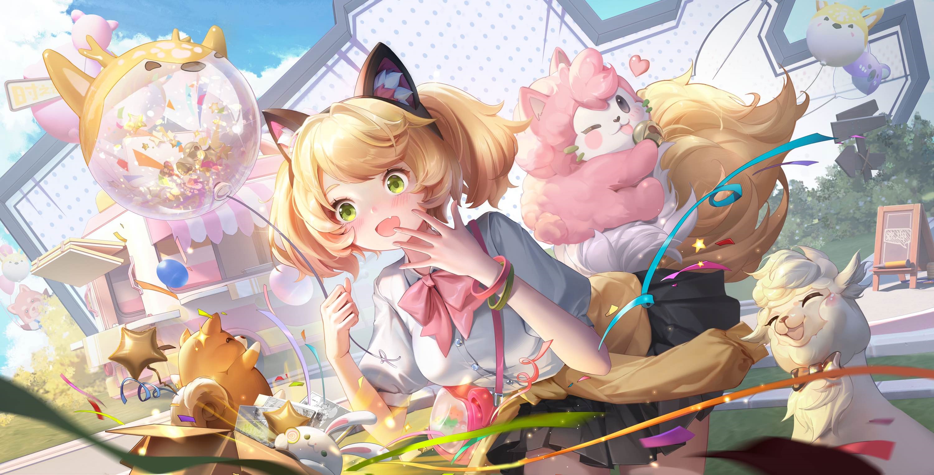 Fox girl with animal companions and balloons HD Wallpaper