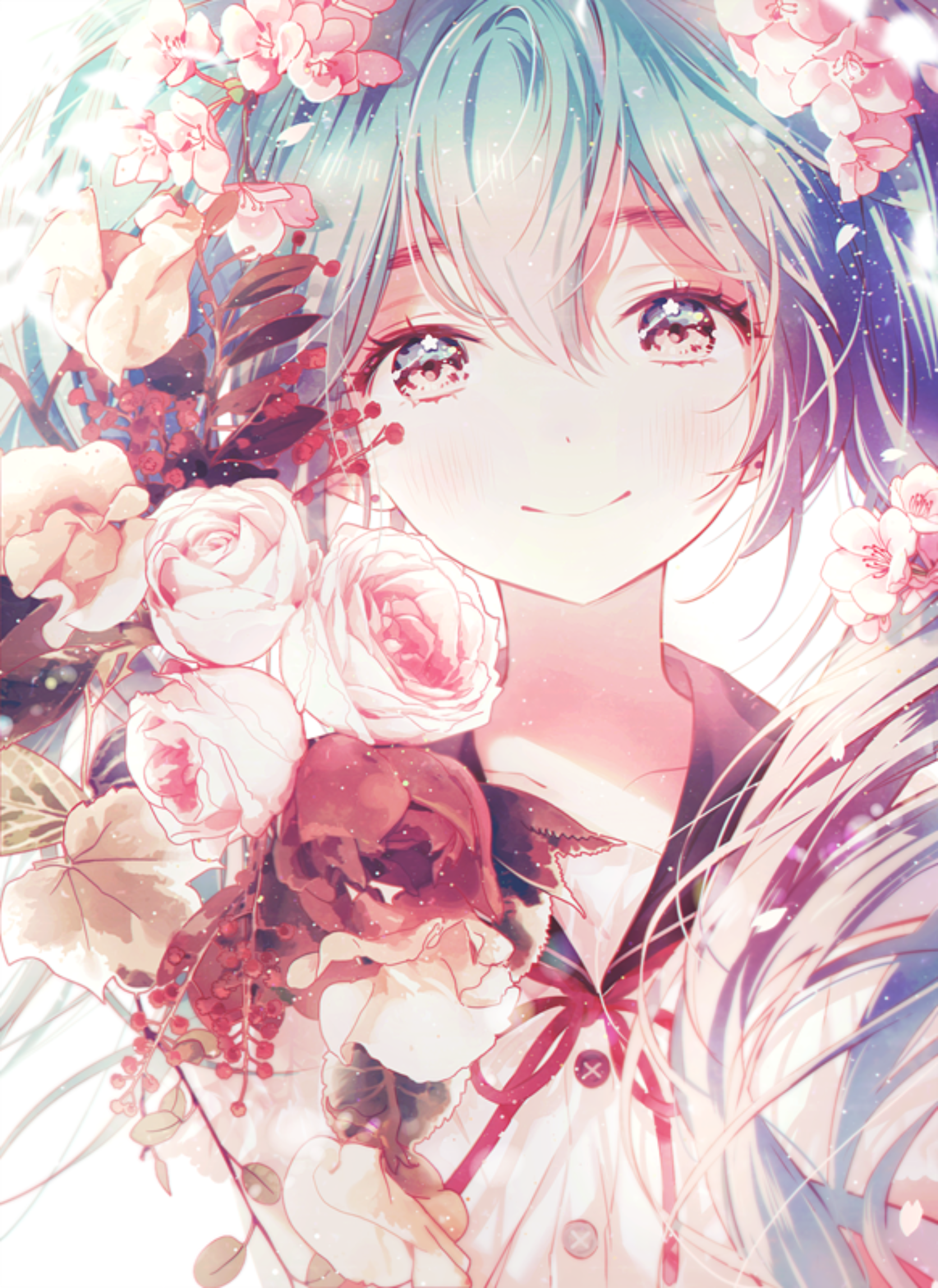 Hatsune Miku surrounded by flowers HD Phone Wallpaper