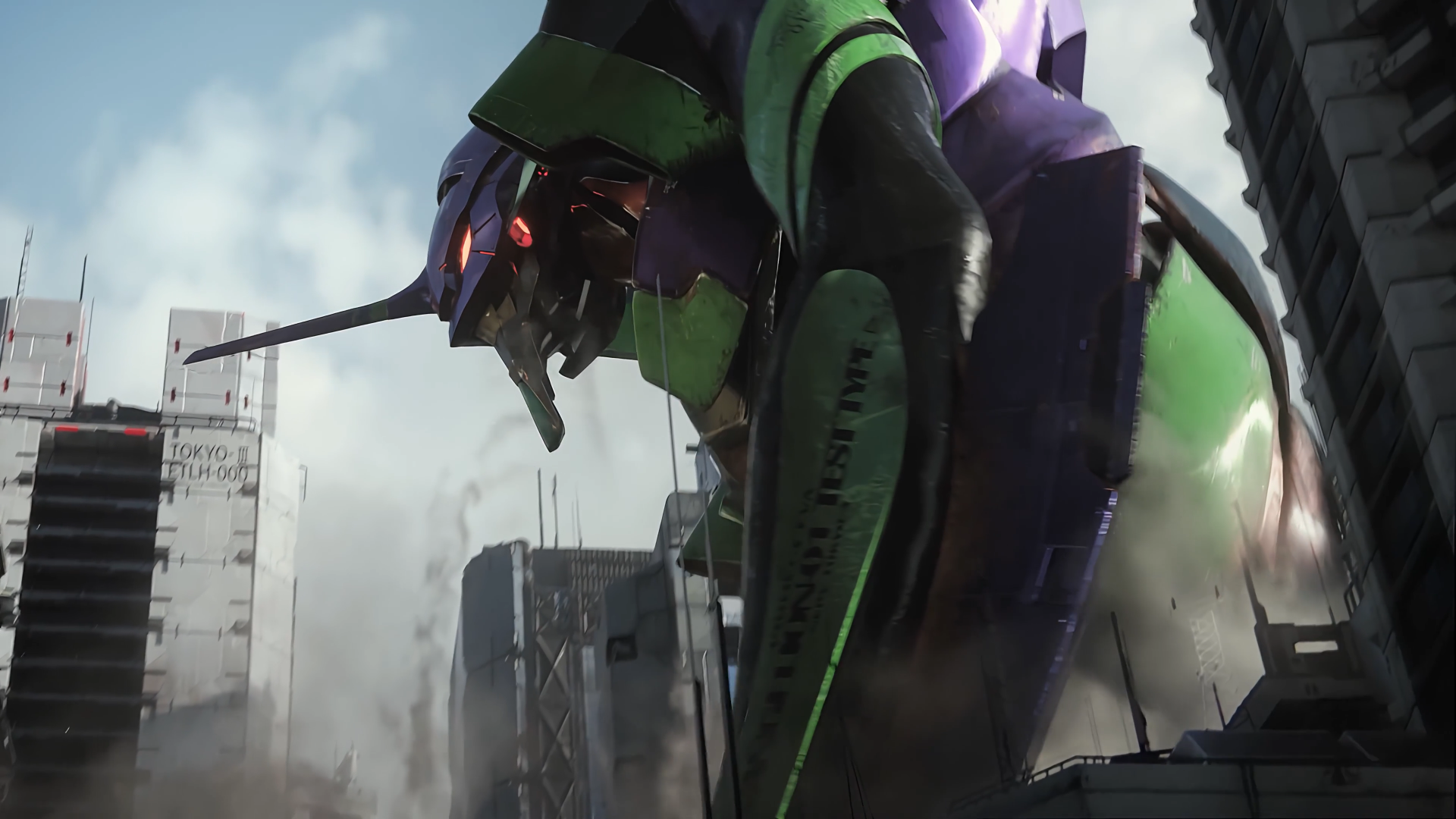 EVA Unit 01 in a city HD Wallpaper