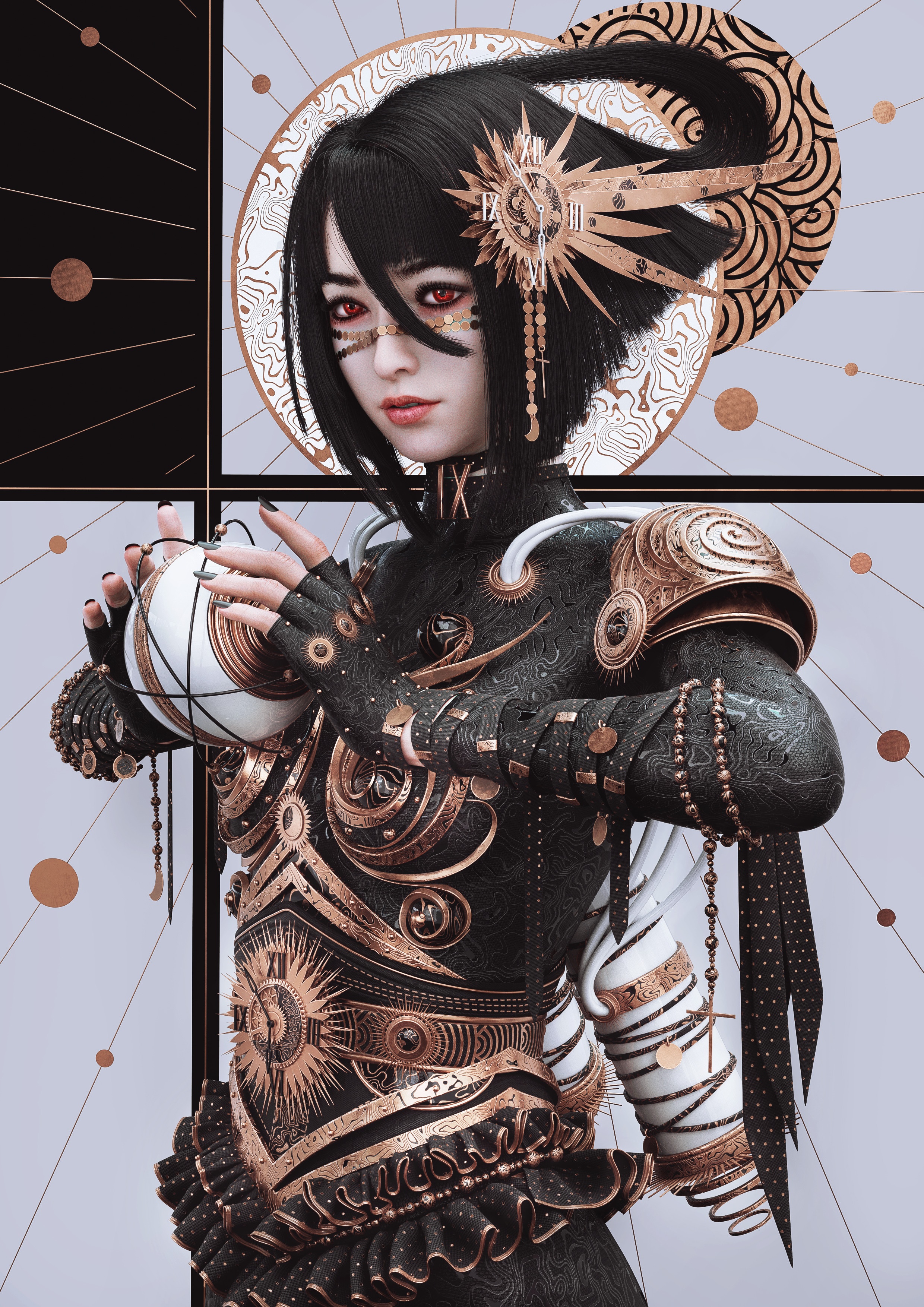 Mechanical Doll with Red Eyes and Gold Armor HD Phone Wallpaper