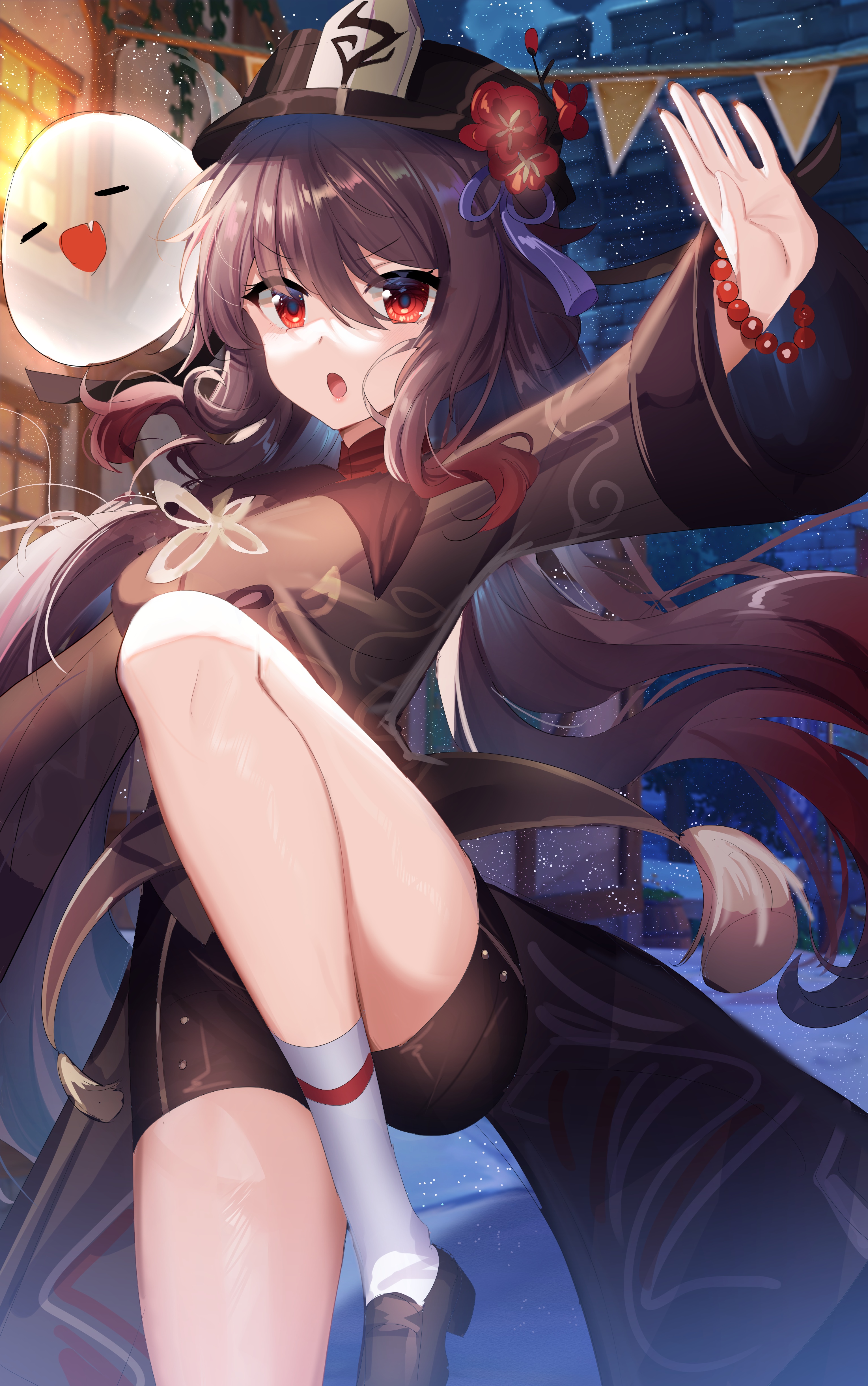 Hu Tao from Genshin Impact with a ghost companion HD Phone Wallpaper