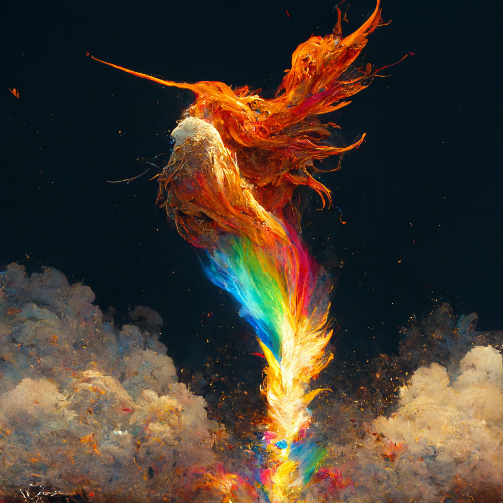 A fiery unicorn with a rainbow trail against a dark background HD Wallpaper