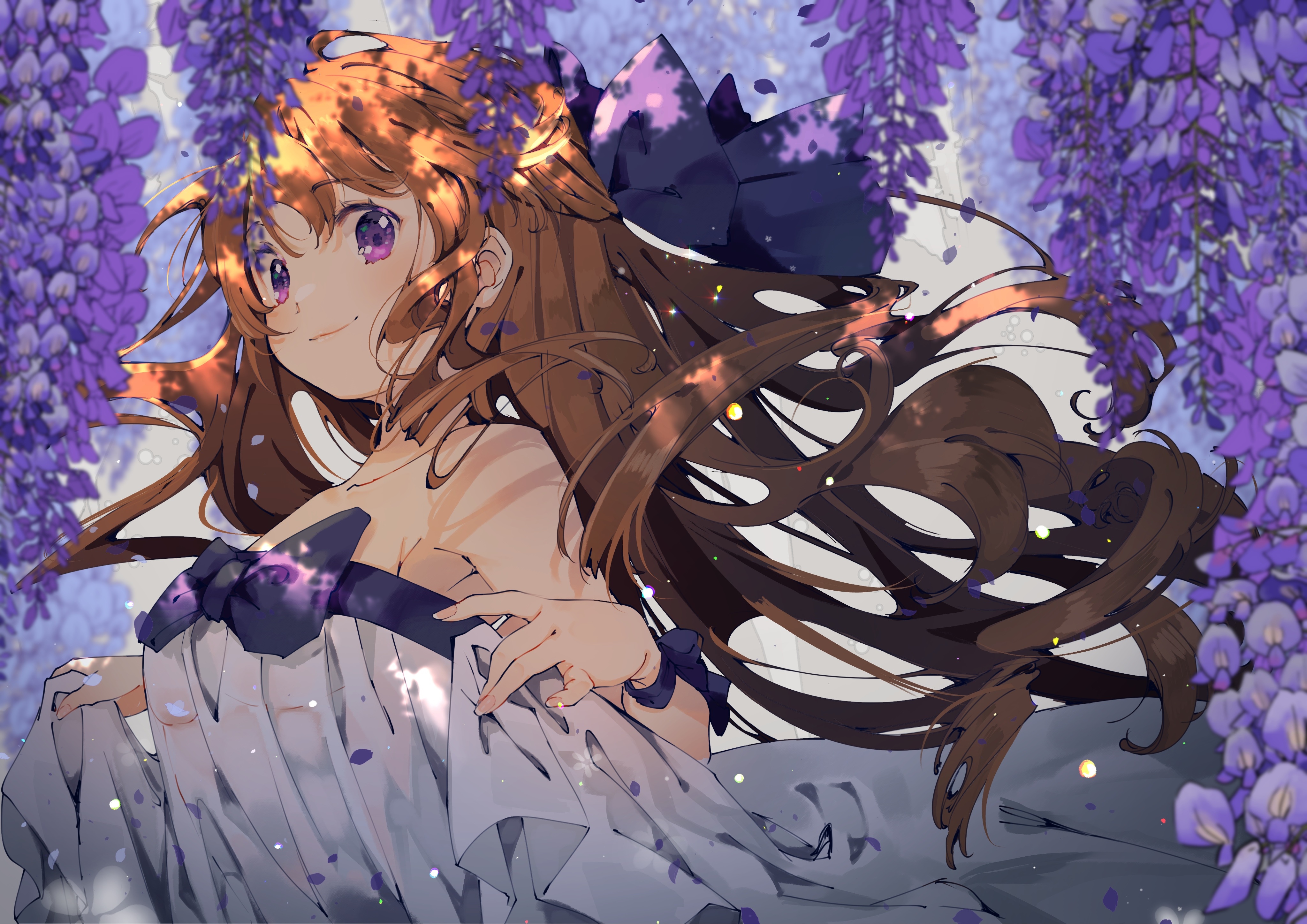 Girl with purple eyes and brunette hair among flowers HD Wallpaper